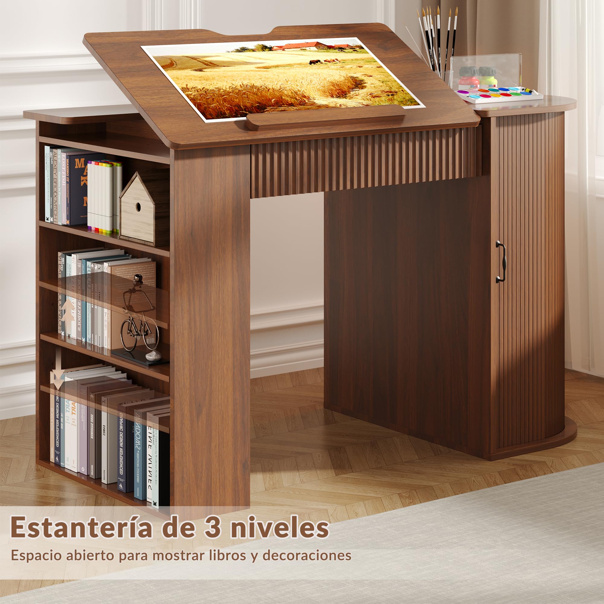 Mesa de Dibujo inclinable con cajones y almacenaje, Efecto Madera