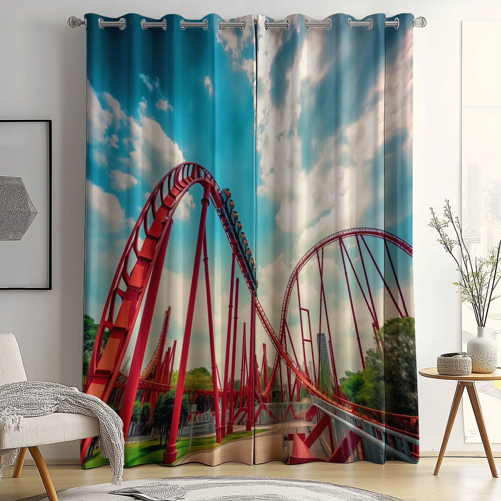 Cortinas Dormitorio Opacas, Parque De Atracciones Termicas Aislantes Frio y Calor Cortinas Salon, Cortinas Estampadas Montaña Rusa con Ojales 140 x 245 cm (2 Paneles)