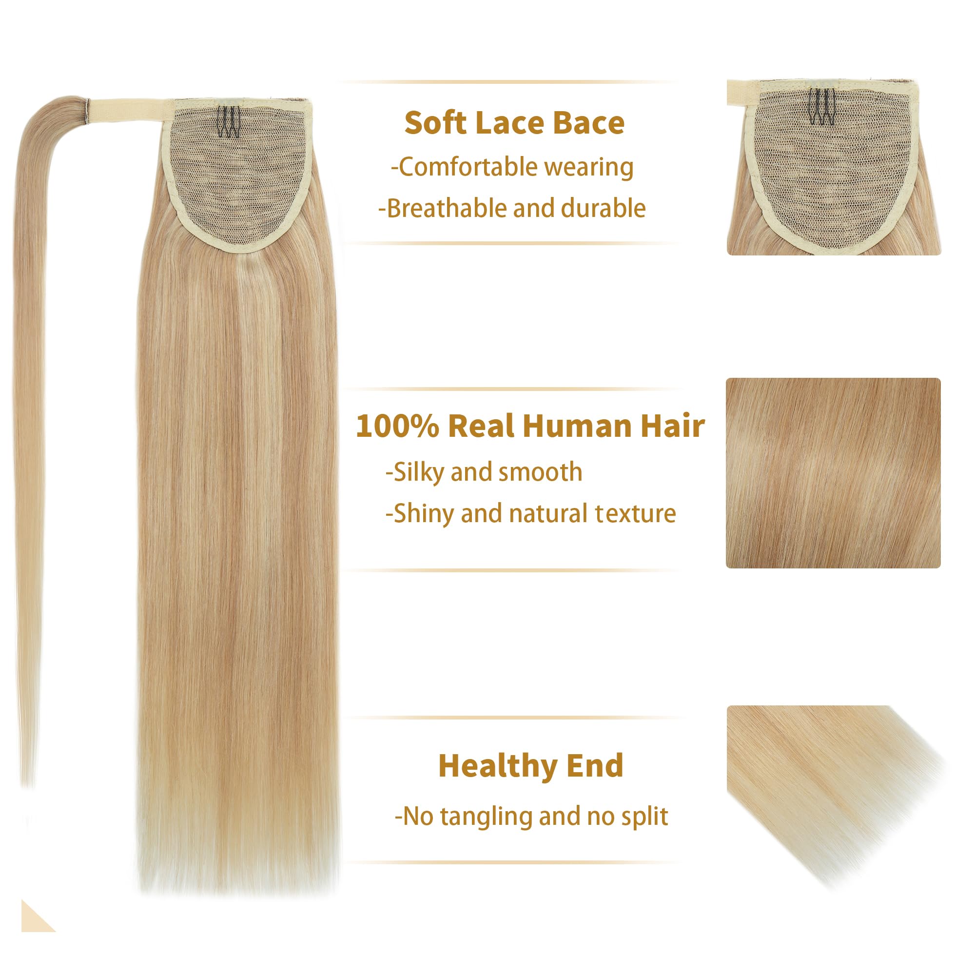 SEGO Coda Capelli Extension Veri Clip Coda di Cavallo Ponytail Extensions Aderire Fascia Unica 100% Remy Human Hair Balayage 35cm-80g # Biondo Cenere mix Biondo Chiarissimo