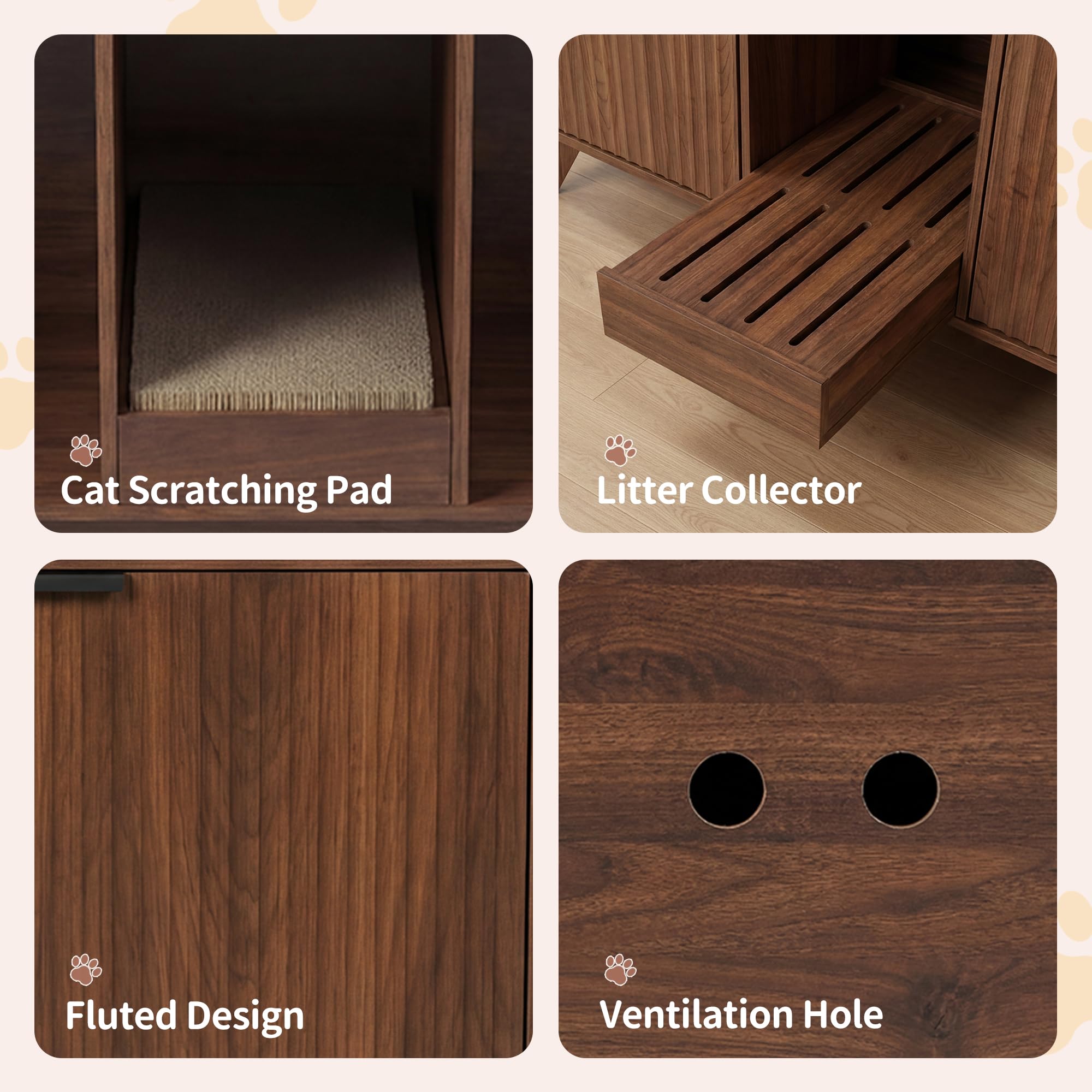 Double Cat Litter Box Enclosure for 2 Cats,Fluted Hidden Litter Box Furniture with Litter Collector & Scratch Pad,47" Large Enclosed Cat Cabinet,Cat House,TV Stand,for Living Room,Walnut - image 4