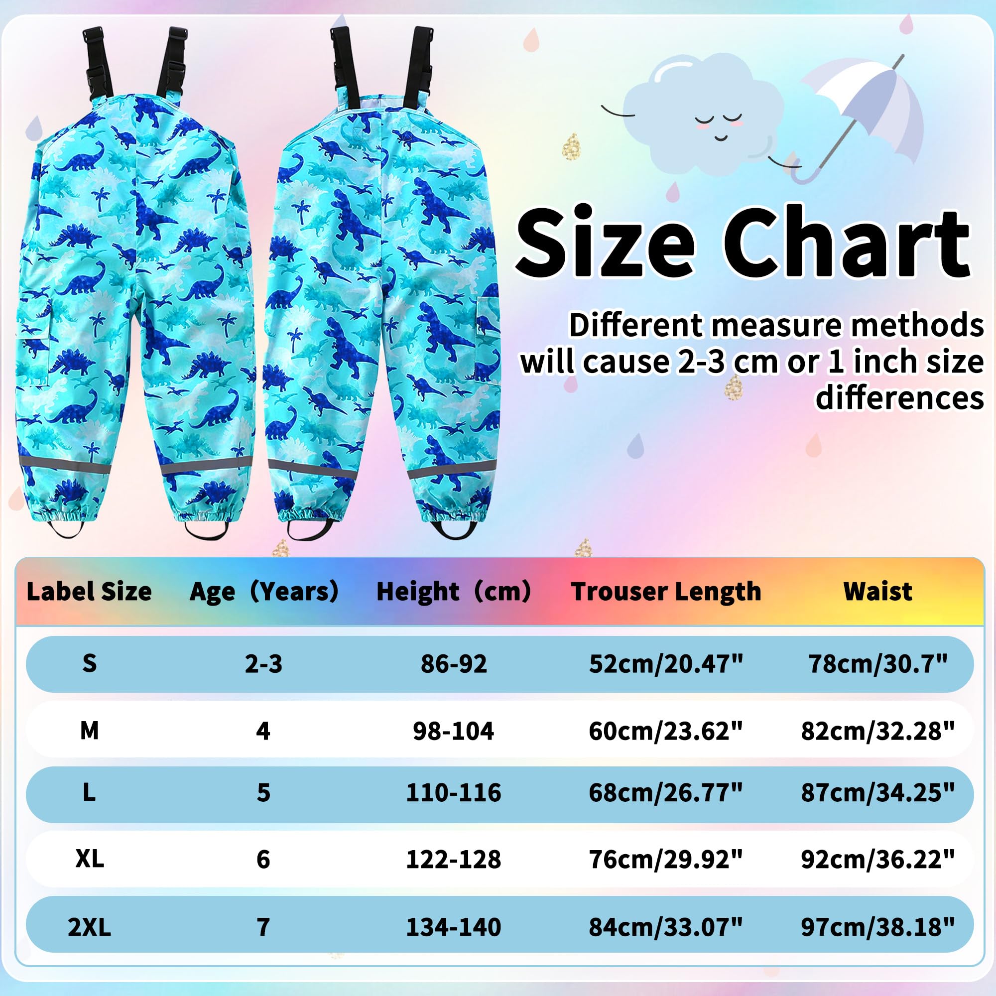 Pantalon de Pluie Filles Enfants Pantalon Imperméable avec Réfléchissantes Salopette Pluie Animal Modèle Pantalon de Boue Respirant Vêtements de Pluie pour d'extérieur Randonnée, 2-7 Ans