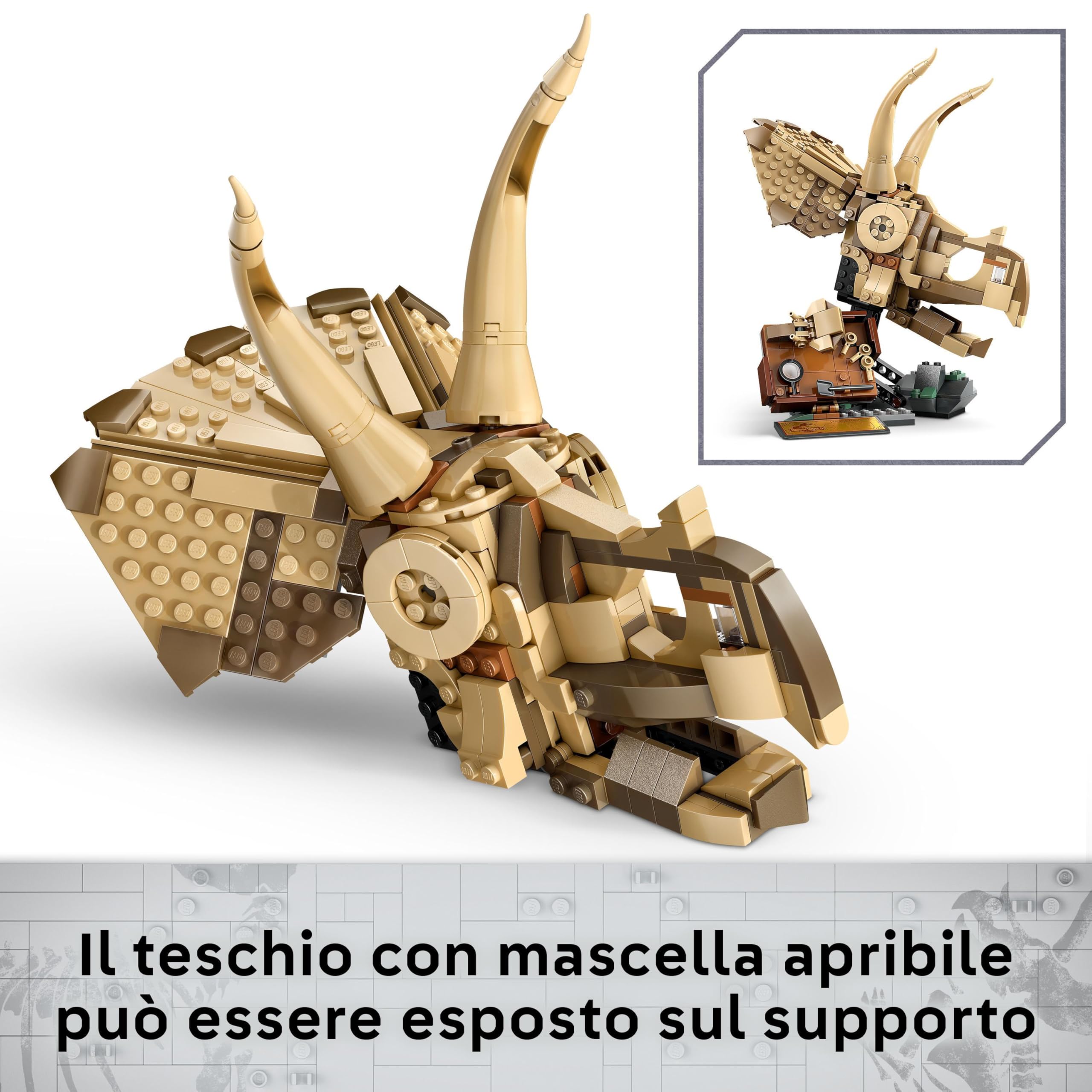 LEGO Jurassic World Fossili di Dinosauro: Teschio di Triceratopo, Giocattolo da Costruire con Mascella Apribile, Supporto, Minifigure, Targa Informativa e Ambra, Giochi per Bambini da 9 Anni 76969