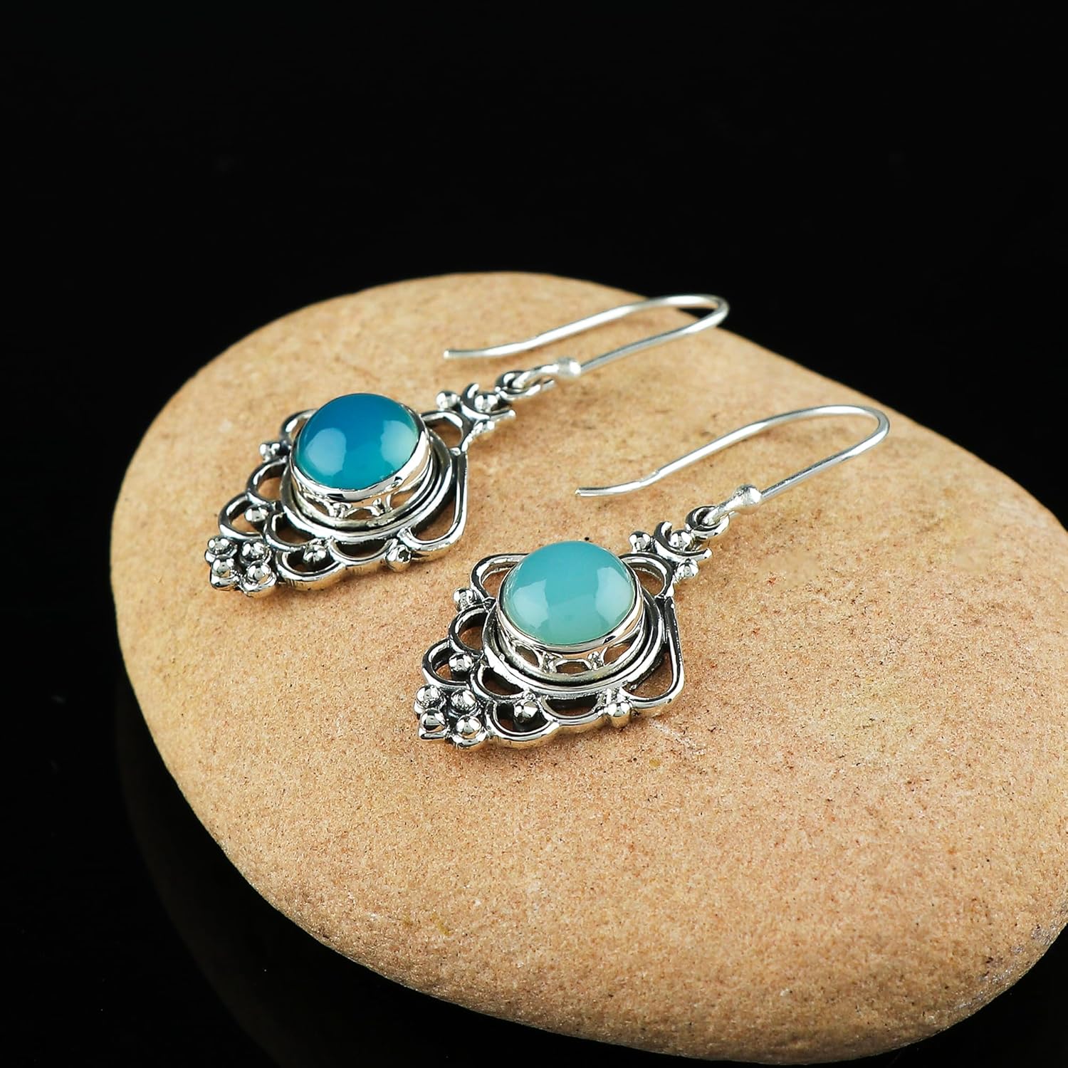 925 Sterling Silver Stud Earrings for Women, Natural Aqua Chalcedony Earrings, Healing Crystals, Gemstone Crystals Jewelry, Handmade, Birthstone, Filigree, Bridal Jewelry - Image 3