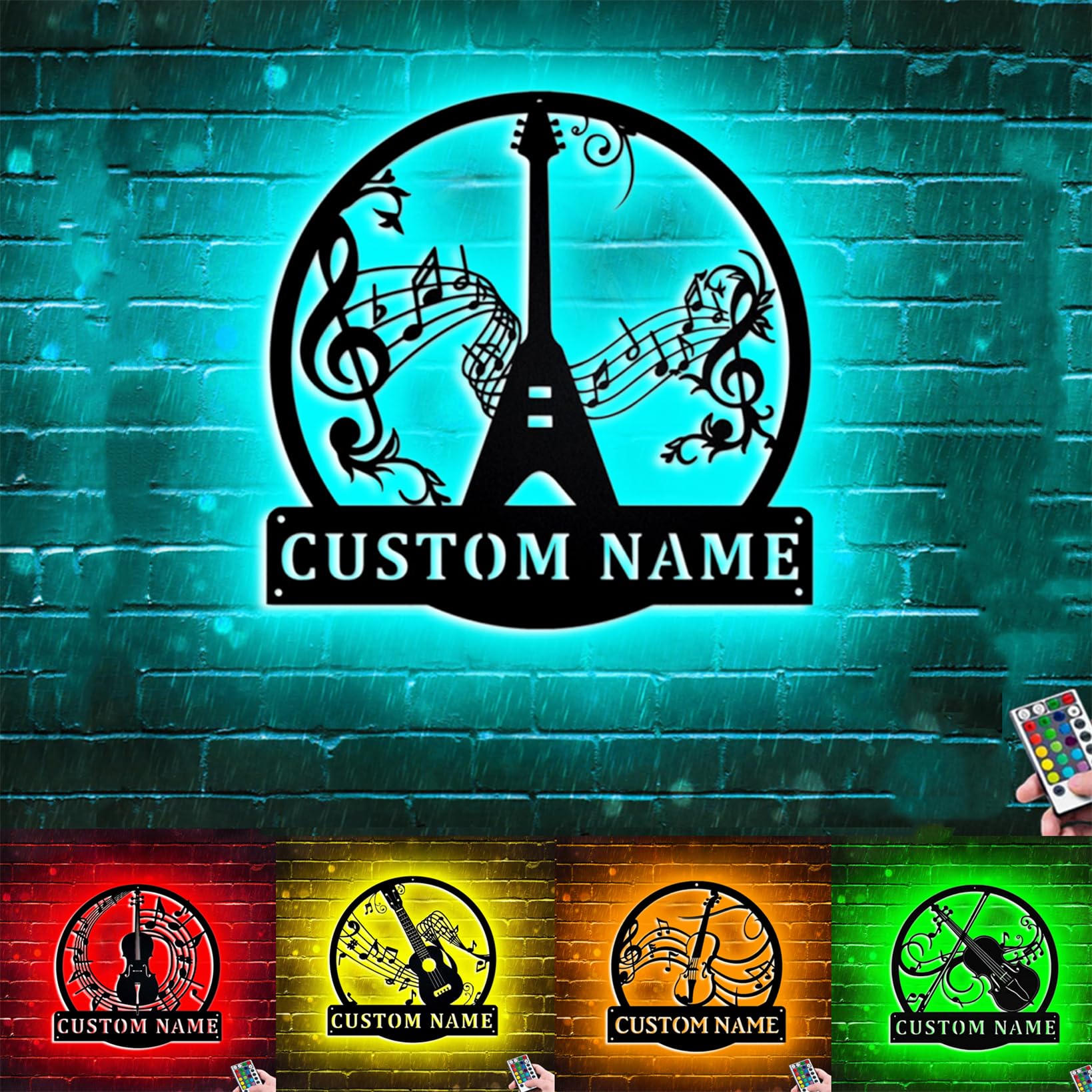 Collienght Personalized Guitar Metal Wall Sign Flying Music Note Wall Art Decor Violin Ukulele Cello Monogram Music Sign Musical Instrument Wall Hanging Decor for Music Rock Lover Music Teacher