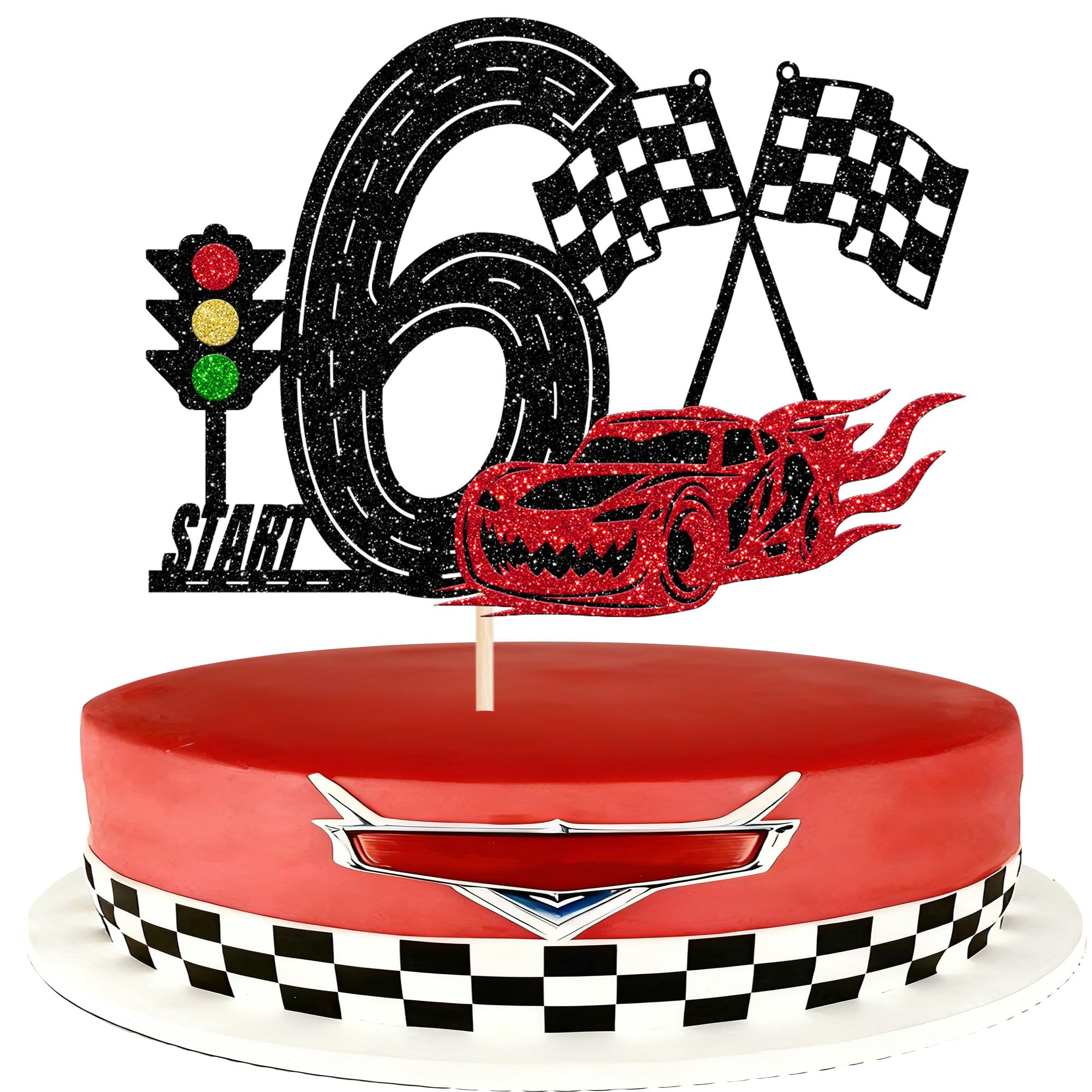 1 Piece Racing Car 6th Birthday Cake Decoration Glitter Traffic Light Checked Flag Cake Decoration Happy Birthday Cake Topper for Race Theme Baby Shower Children Birthday Party Cake Decorations