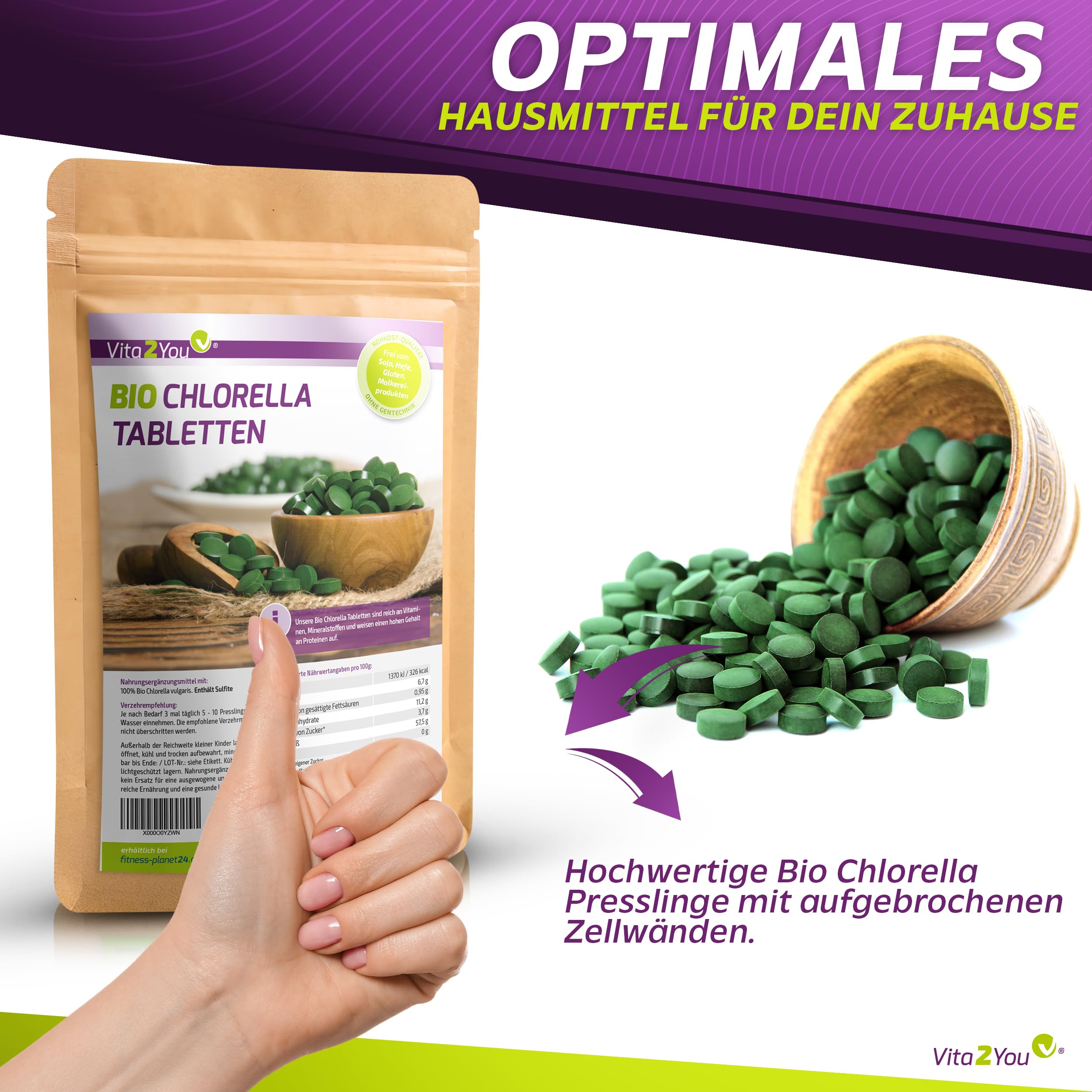 Vita2You Bio Chlorella Tabletten | 400mg pro Tablette | 1250 Presslinge | 500g Algen aus Ökologischen Anbau | Rohkost im Zippbeutel