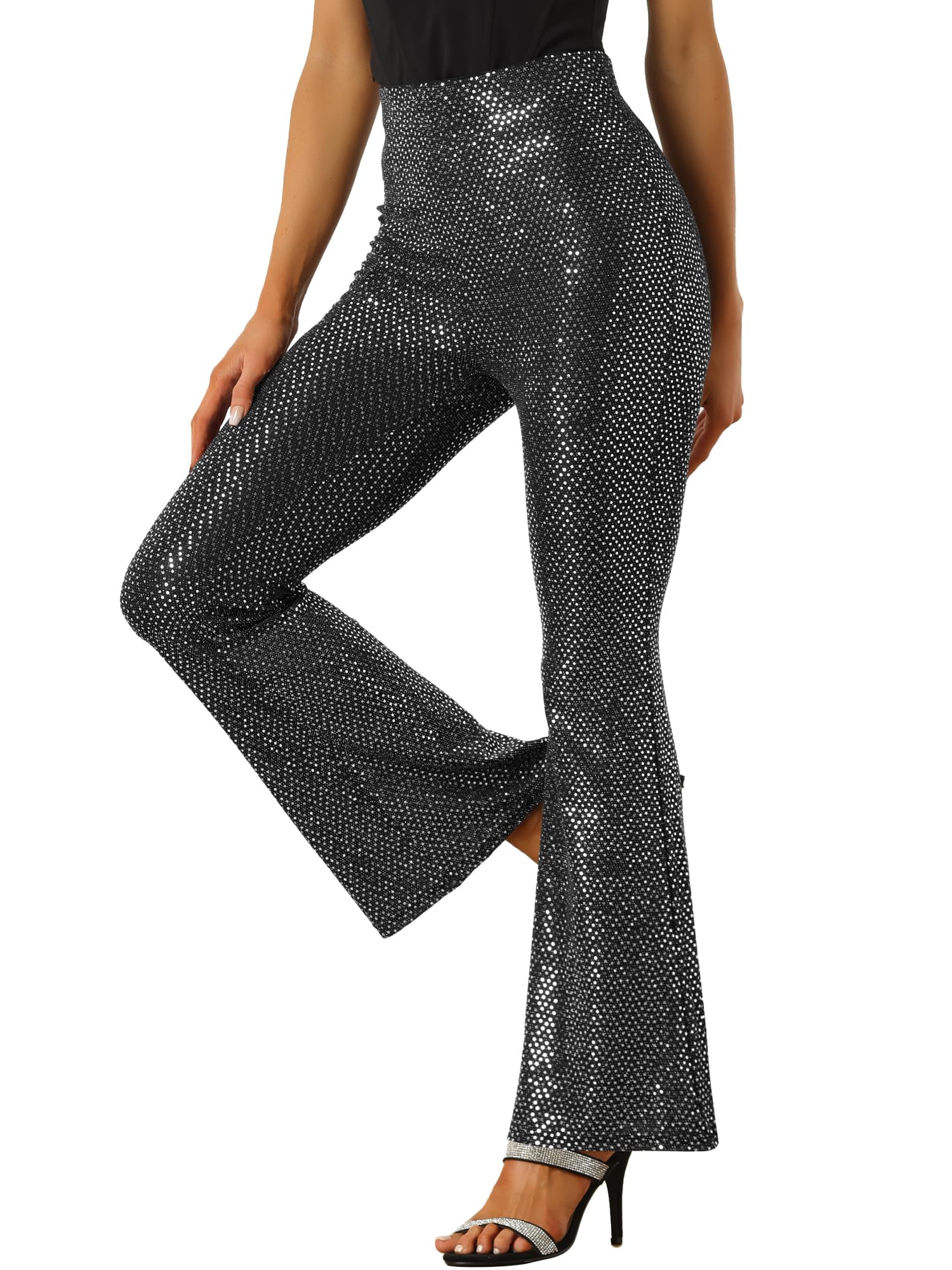 Allegra K Sequin Flare Pants for Womens Halloween High Waist Club Party Sparkle Long Bell Bottoms