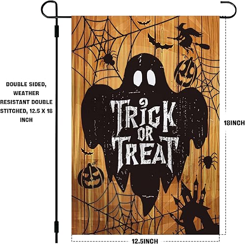 Miniatura 5 de CVHOMEDECO. Banderas de castillo de Halloween de doble cara para jardín, calabazas, fantasmas, murciélagos, decoración al aire libre, resistente a