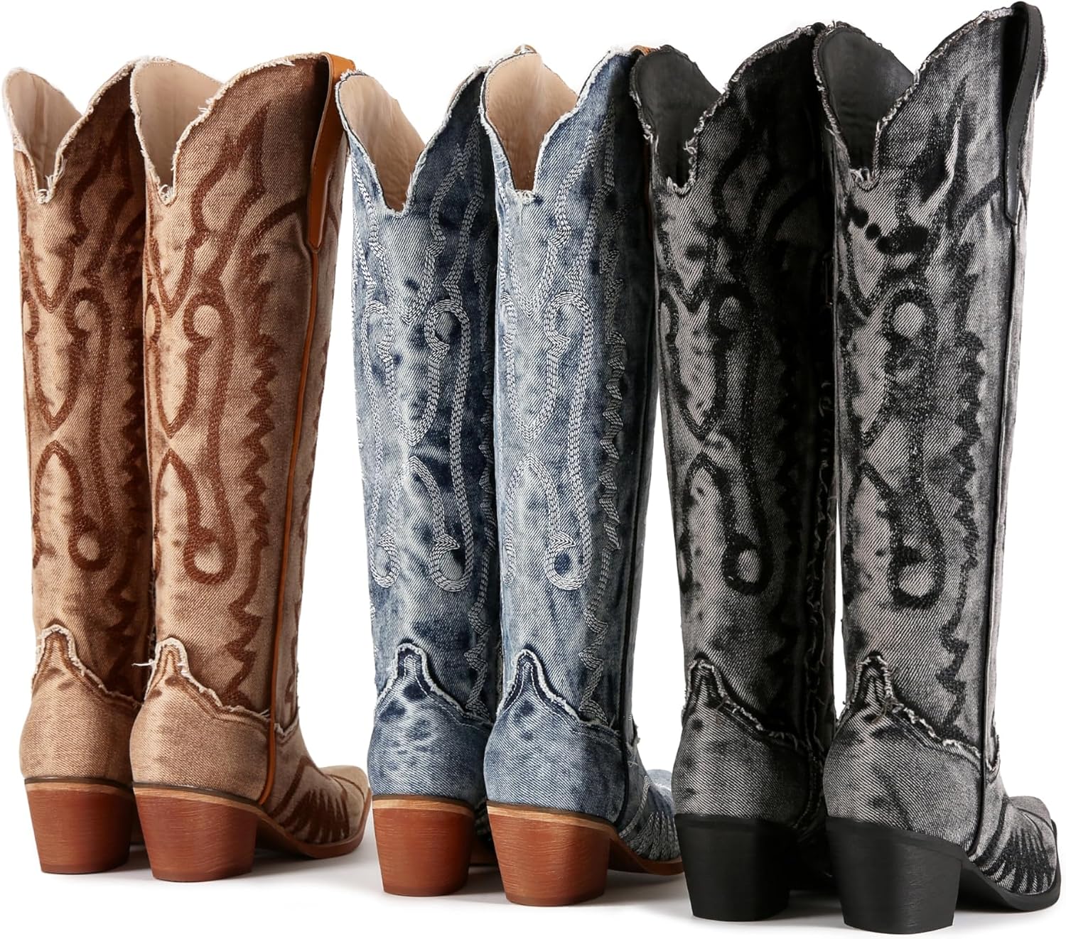 Cowboy Boots for Women Wide Calf Knee High Cowgirl Boots with Embroidered Design, Pointed Toe Long Western Boots with Chunky Low Heel Retro Tall Boots