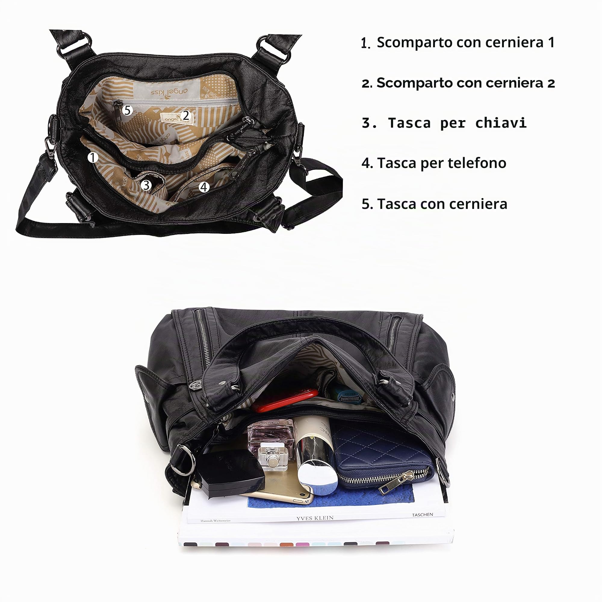 Angel Kiss - borsa da donna in pelle lavata 2 in 1, con zip nella parte superiore e tasche multiple; utilizzabile anche come borsa a tracolla - codice: 1193