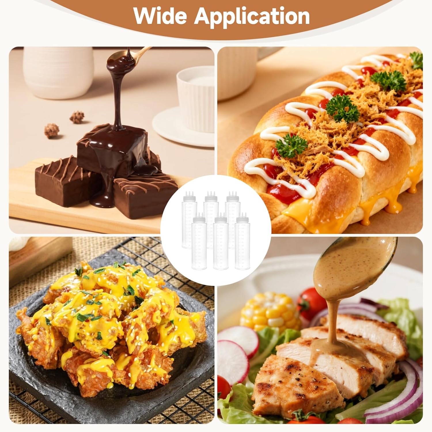 6 Pcs 24 Oz Sauce Squeeze Bottles, 3-Hole Tri-Cone Nozzle, Dispenser Bottle with Scale, Plastic Squirt Bottles for Condiments