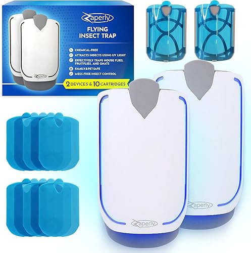 2 trampas para moscas de fruta y 10 cartuchos adhesivos, atrapador de insectos enchufable para interiores, trampa para moscas de luz UV captura