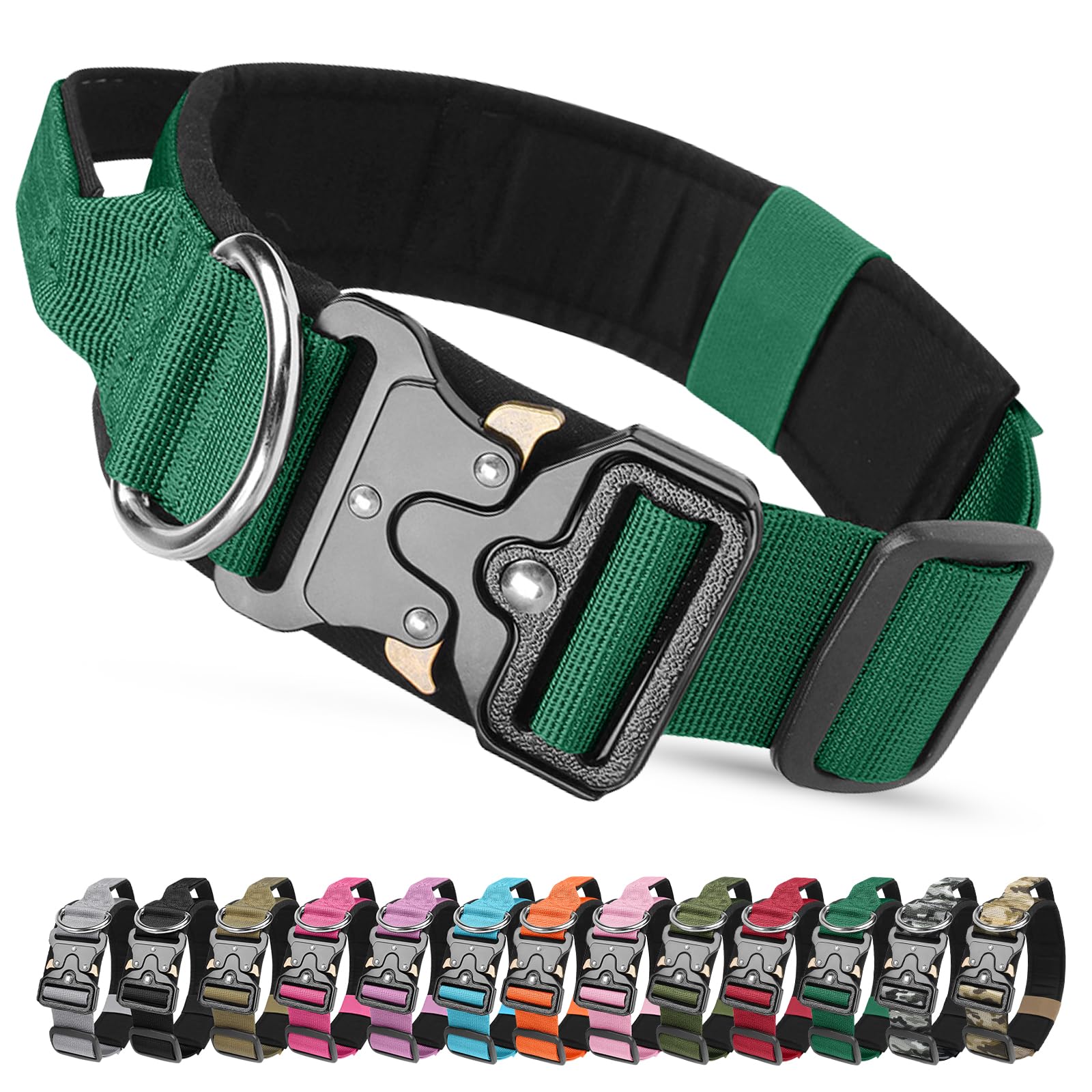 AKOFIC Tactical Dog Collar, Heavy Duty Wide Dog Collar with Handle and Soft Padded, Adjustable Comfortable Pet Collar for Small Medium and Large Dogs Training (Green, XL)