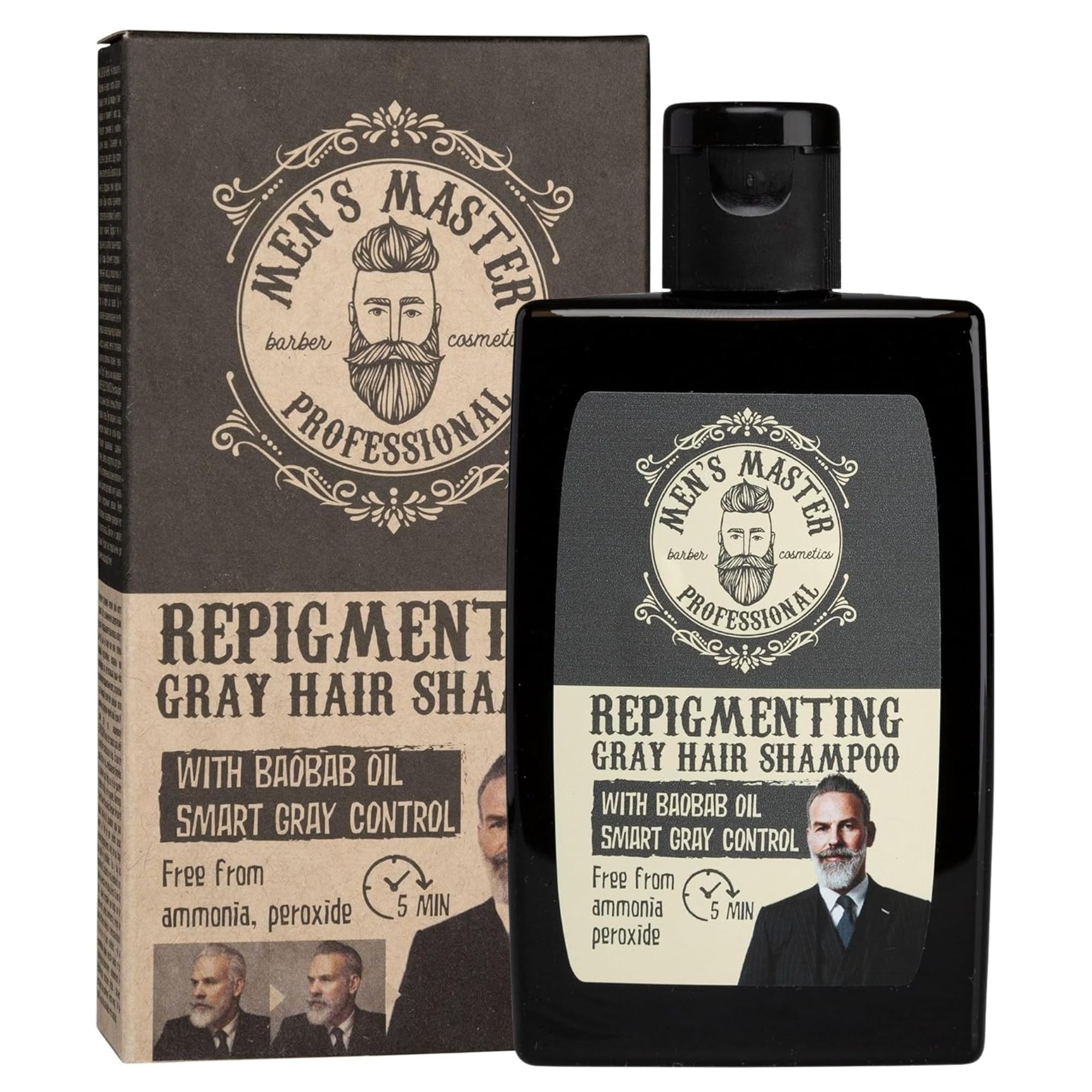 Men's Master Shampoo Repigmentante Uomo per Capelli Grigi | Tono Grigio Chiaro Naturale | Con Olio di Baobab | Azione Rapida 5 Minuti | Senza Ammoniaca e Ossidanti | 120 ml