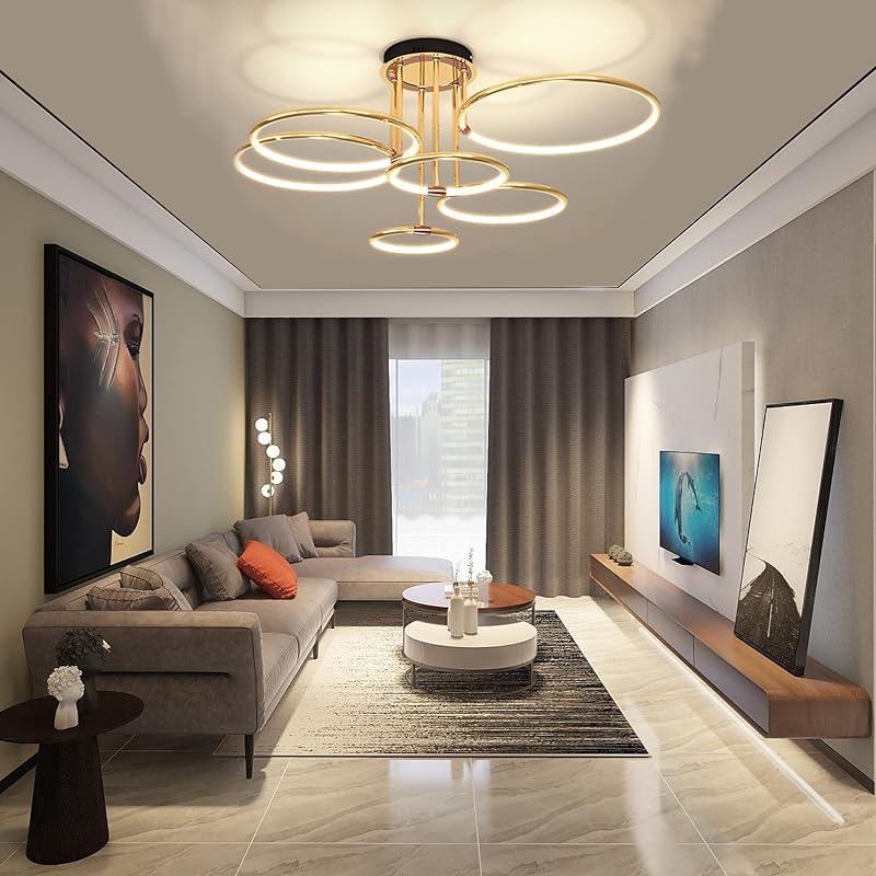 EIDEARAY LED Mennyezeti Lámpa 6 Gyűrűs Modern Arany Dimmelhető Távirányítóval 104cm