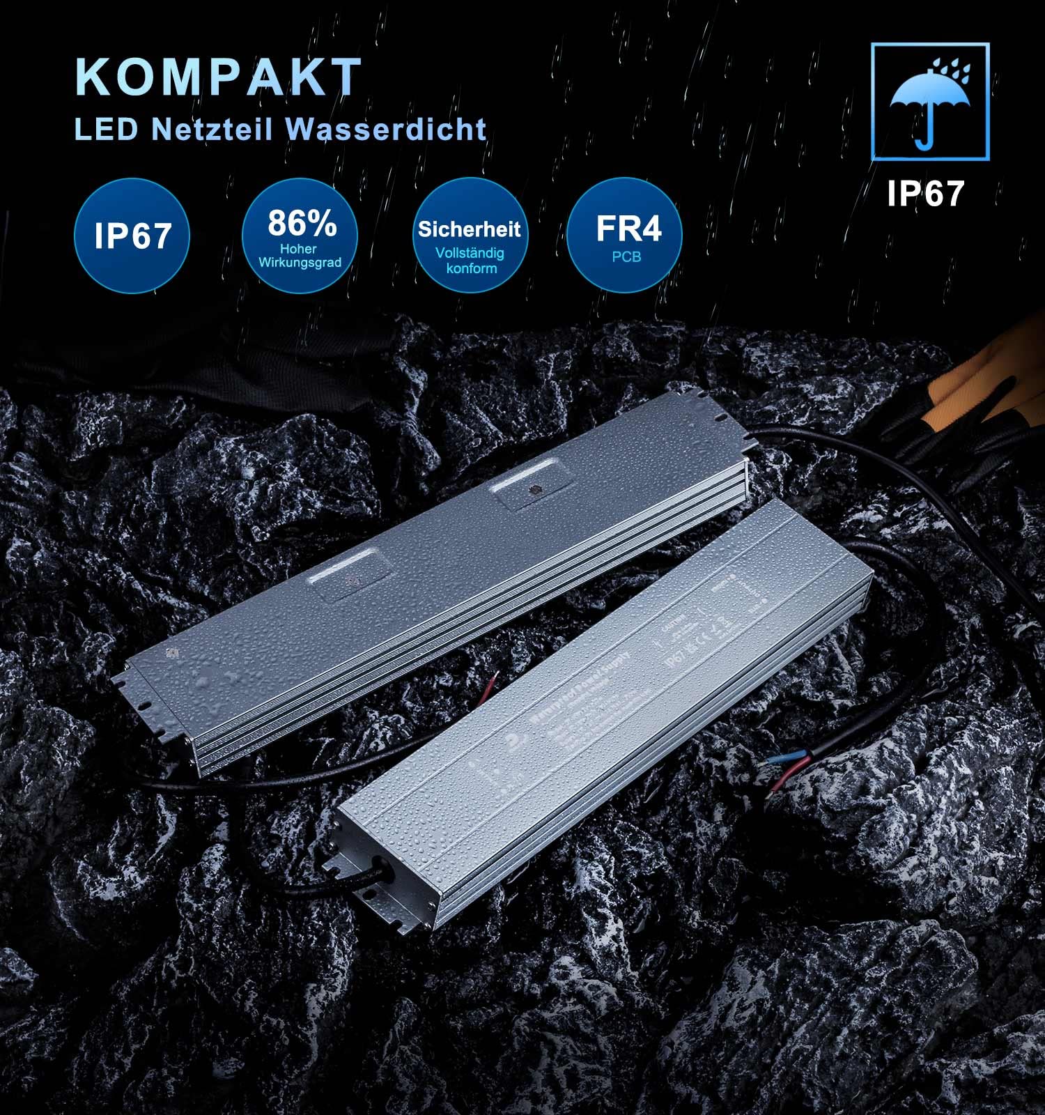 LED Trafo Transformator 12V 200W Wasserdicht, LED Netzteil 230V auf 12V DC Gleichstrom IP67 Outdoor, 12 Volt LED-Treiber Driver Aussen Schaltnetzteil für LED-Lampen Streifen Außenbereich Bad, DUSKTEC