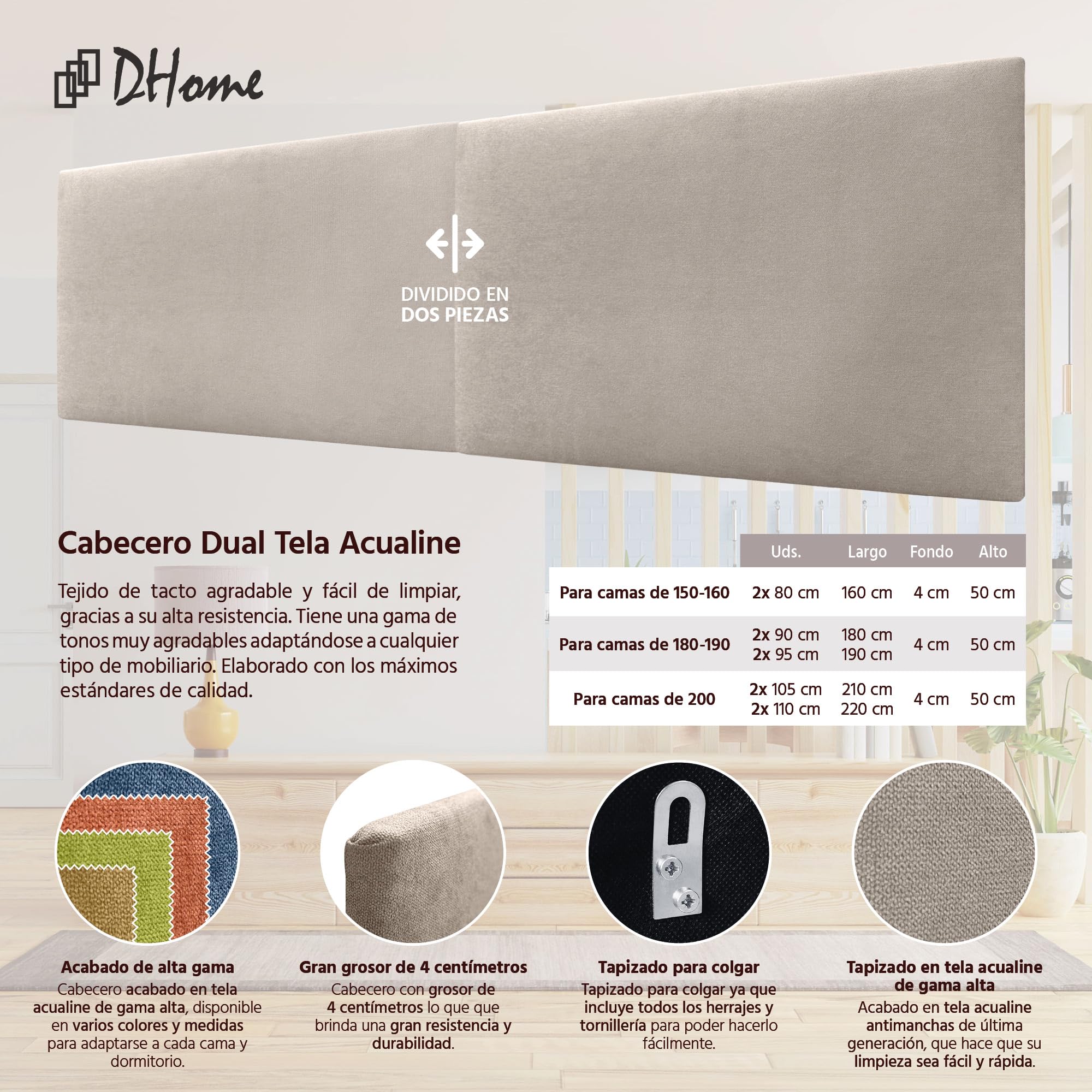DHOME Cabecero de Polipiel o Tela Acualine Liso Dual Dividido en 2 Piezas Tapizado de Alta Gama Cabezal Tapizado Moderno (Tela Beige, 190cm Dual (Camas 180/190))