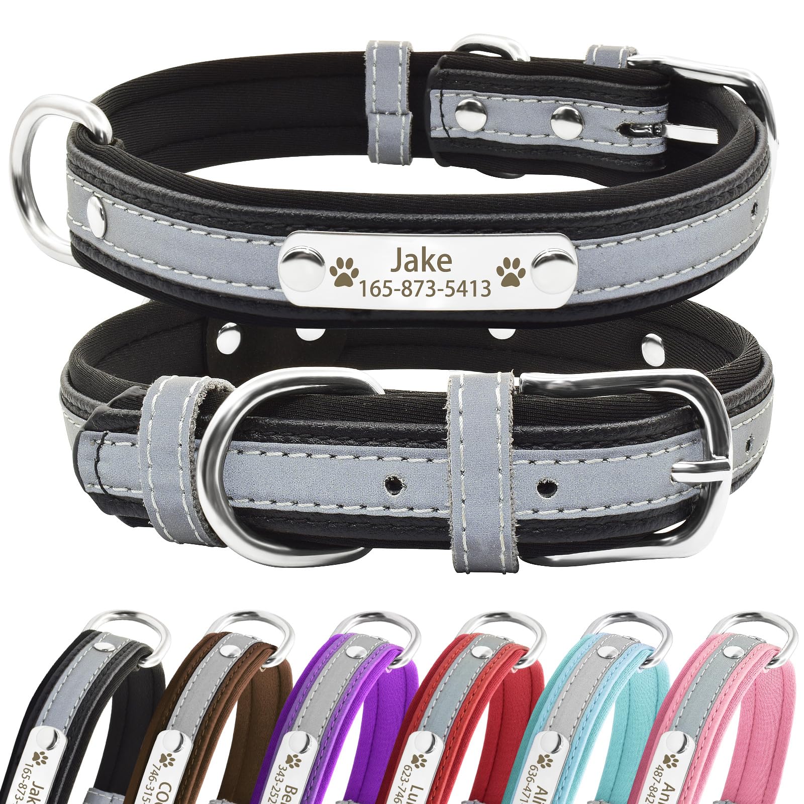 Senristar Personalized Reflective Dog Collars with Neoprene Padded,Custom Engraved Dog Collar with Name Plate for Small Medium Large Dogs (XS,Black)