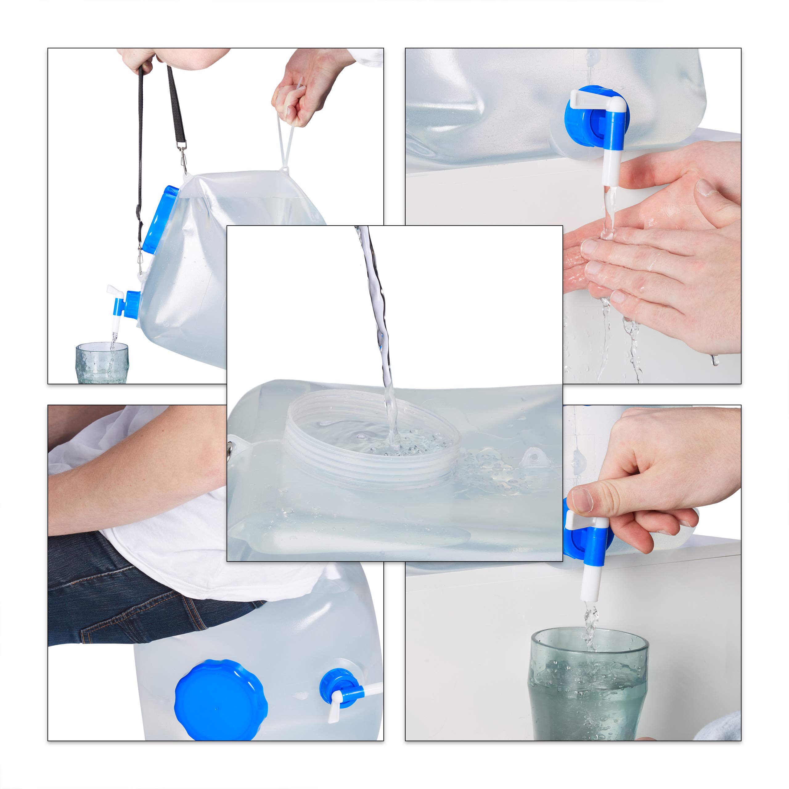 relaxdays Tanica Pieghevole, Set 2X Contenitore Acqua Potabile, Coperchio & Rubinetto,Tracolla,15L,Senza BPA,Trasparente