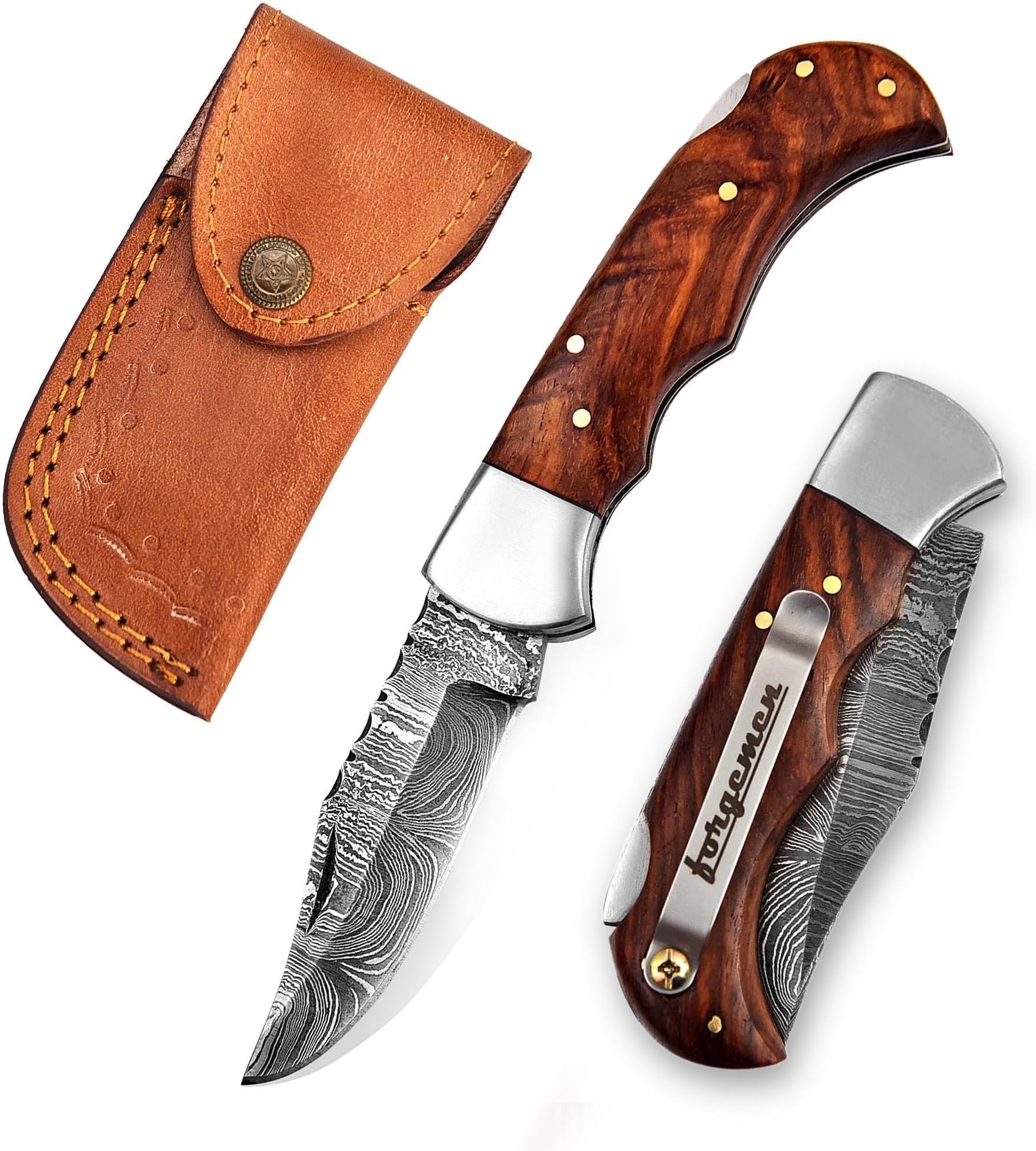 FM807 Pocket knife, Folding Clip Damascus Handmade Custom for Men Cool Good Camping Hunting Fishing & s Activities EDC Knives Leather Sheath Knife., Blue (Brown)