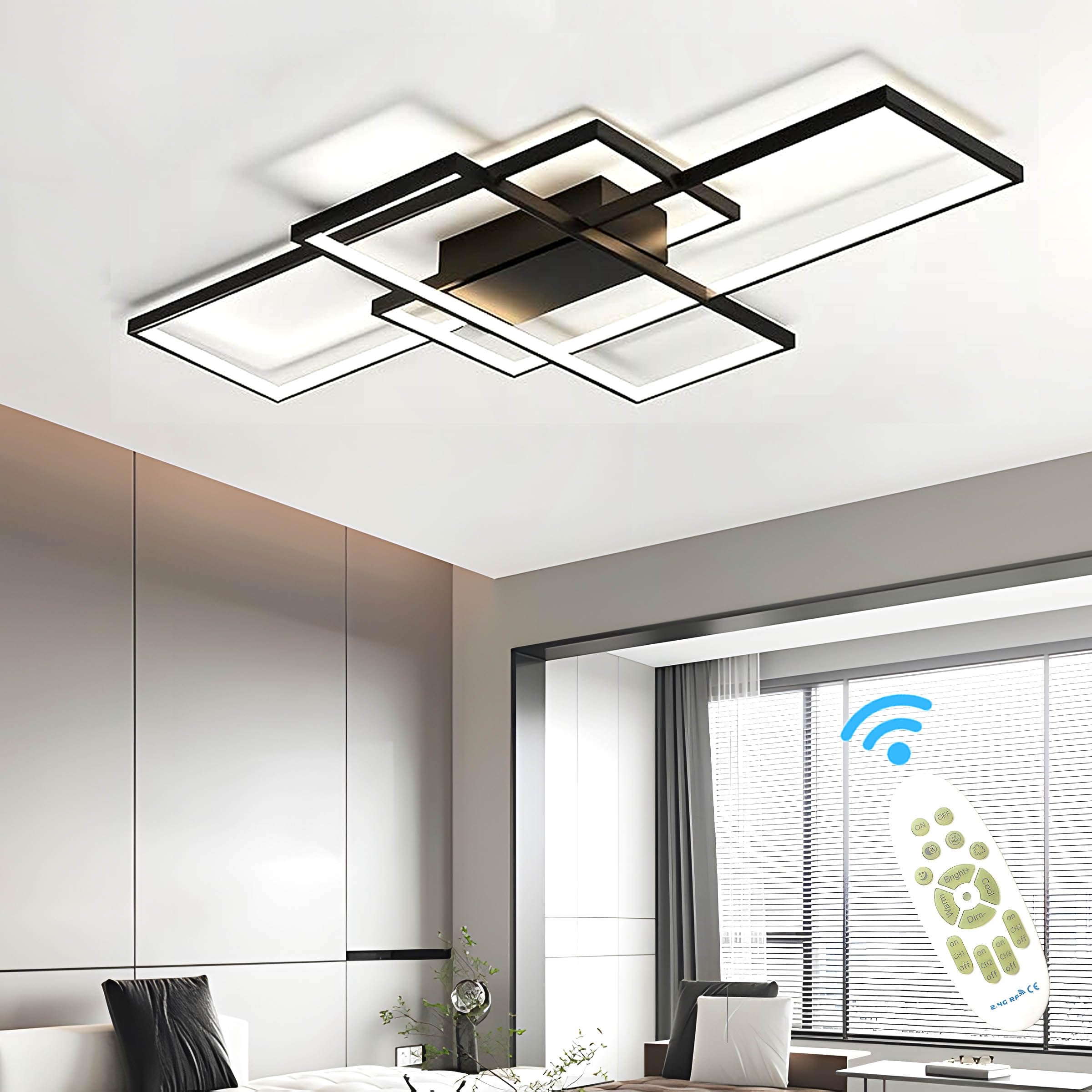 ASJK Lampadario Soggiorno Moderno 60W, Lampadario Soggiorno LED Rettangolare, illuminazione a Soffitto Multifunzionale Geometrica 3000k-6000k con Telecomando. (80 cm, Nero)