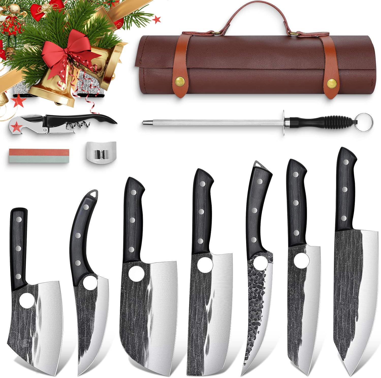 TIVOLI Butcher Knife Set for Meat Cutting, 13Pcs Upgraded High Carbon Steel Hand Forged Kitchen Knife Set with Roll Bag, Viking Chef Knife Set for Kitchen Outdoor BBQ