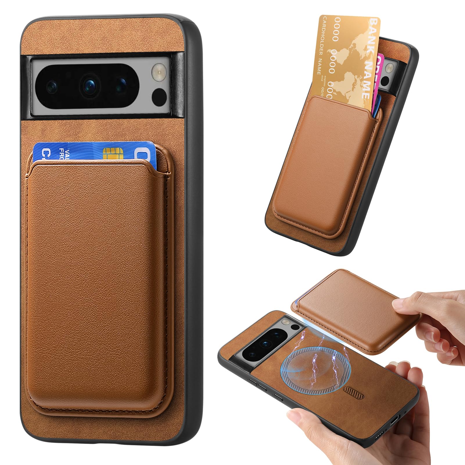 Dteck for Google Pixel 9 Pro XL Case (6.8-Inch) 2024 with Detachable Magnetic Credit Card Holder Wallet, Compatible with MagSafe Accessory, PU Leather Lightweight Protective Thin Back Cover, Brown