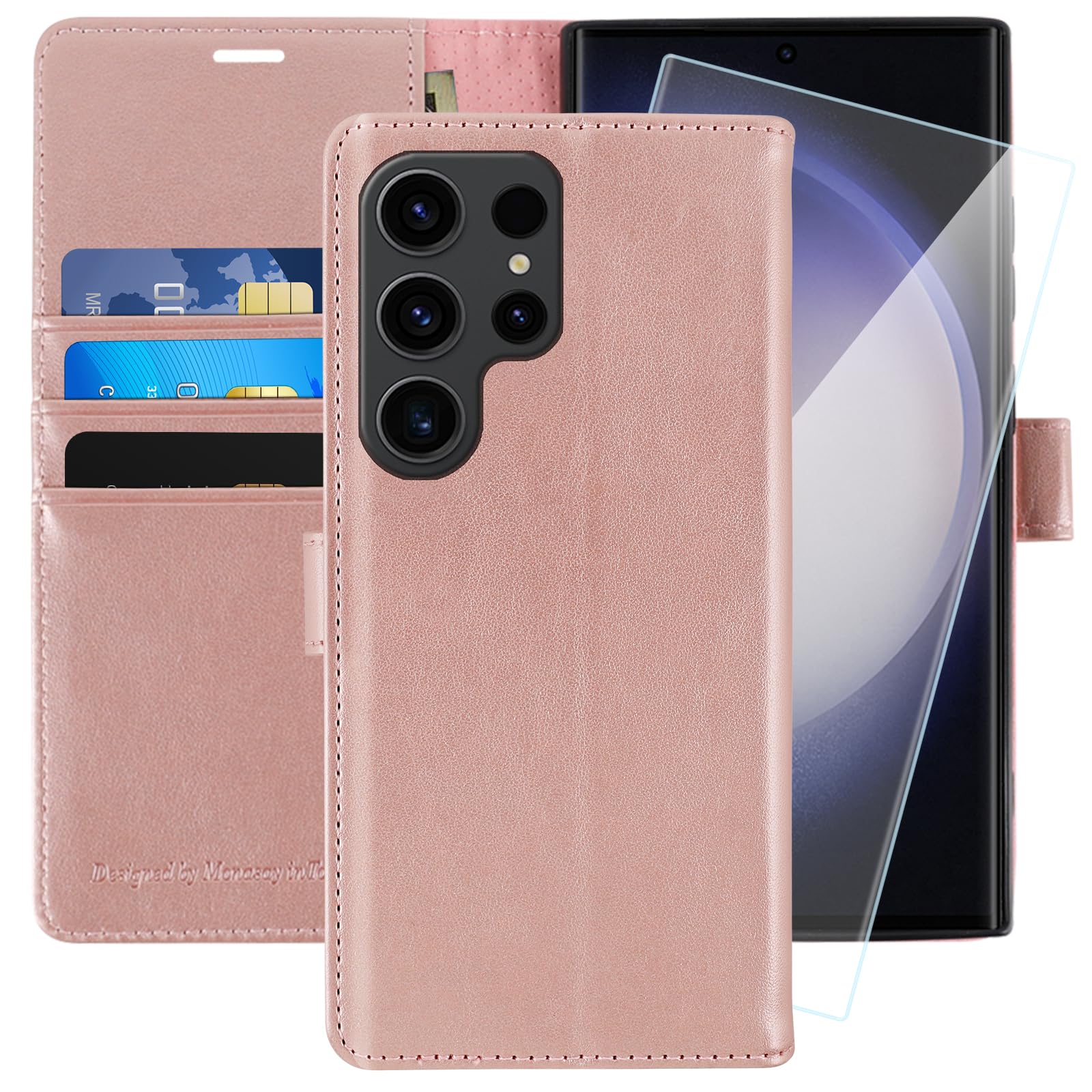MONASAY Wallet Case Compatible for Galaxy S23 Ultra 5G,[RFID Blocking] Flip Folio Leather Cell Phone Cover with Credit Card Holder, 6.8 inch, Rosegold