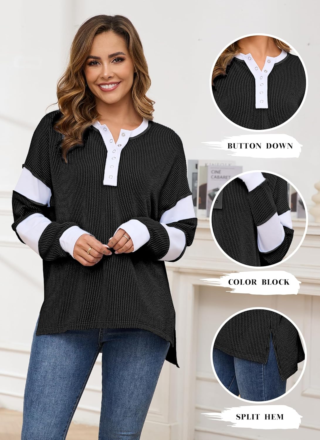 XNC Oversized Long Sleeve Shirts for Women Color Block Button Henley Neck Tunic Tops Casual Loose Tshirts Outfits - Image 5