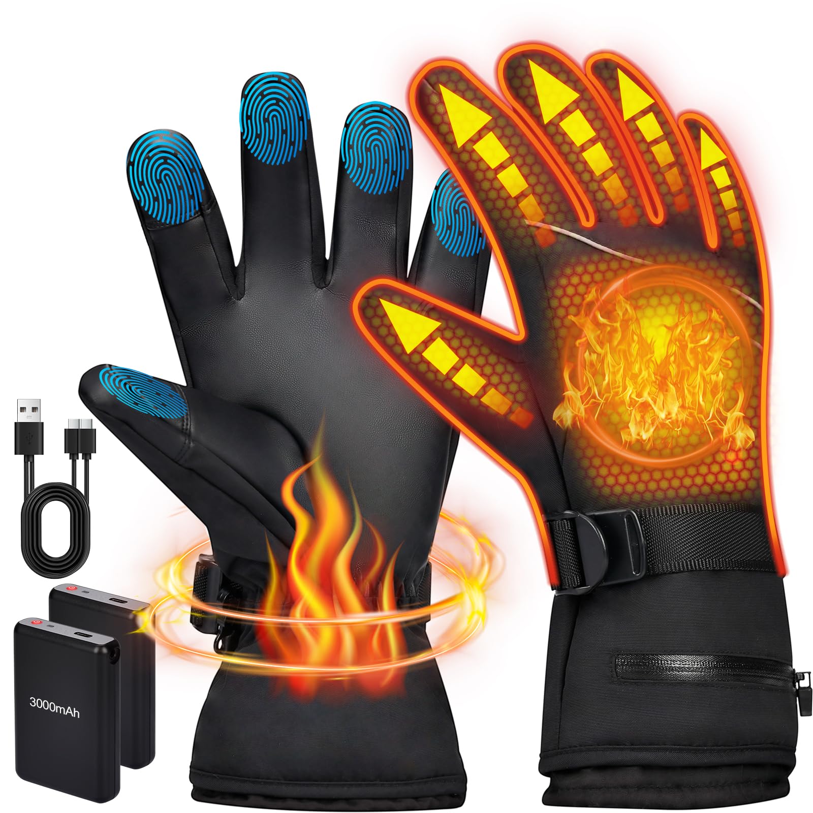 Gants Chauffants pour Femme et Homme avec Batterie 6000mAh Rechargeable, 3 Niveaux De Températures, Imperméables, Écran Tactile pour Moto, Vélo, Ski, Chasse