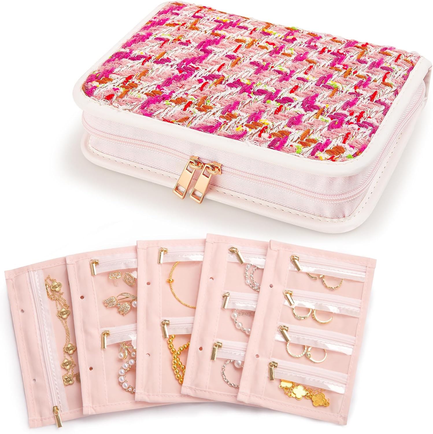 Abiudeng Tweed Travel Jewelry Organizer Case with 12 Compartments,Large Travel Jewelry Storage Bag for Necklace, Earrings, Rings, Bracelet, Soft Pink Velvet Lined Scratch Protection Case for Women