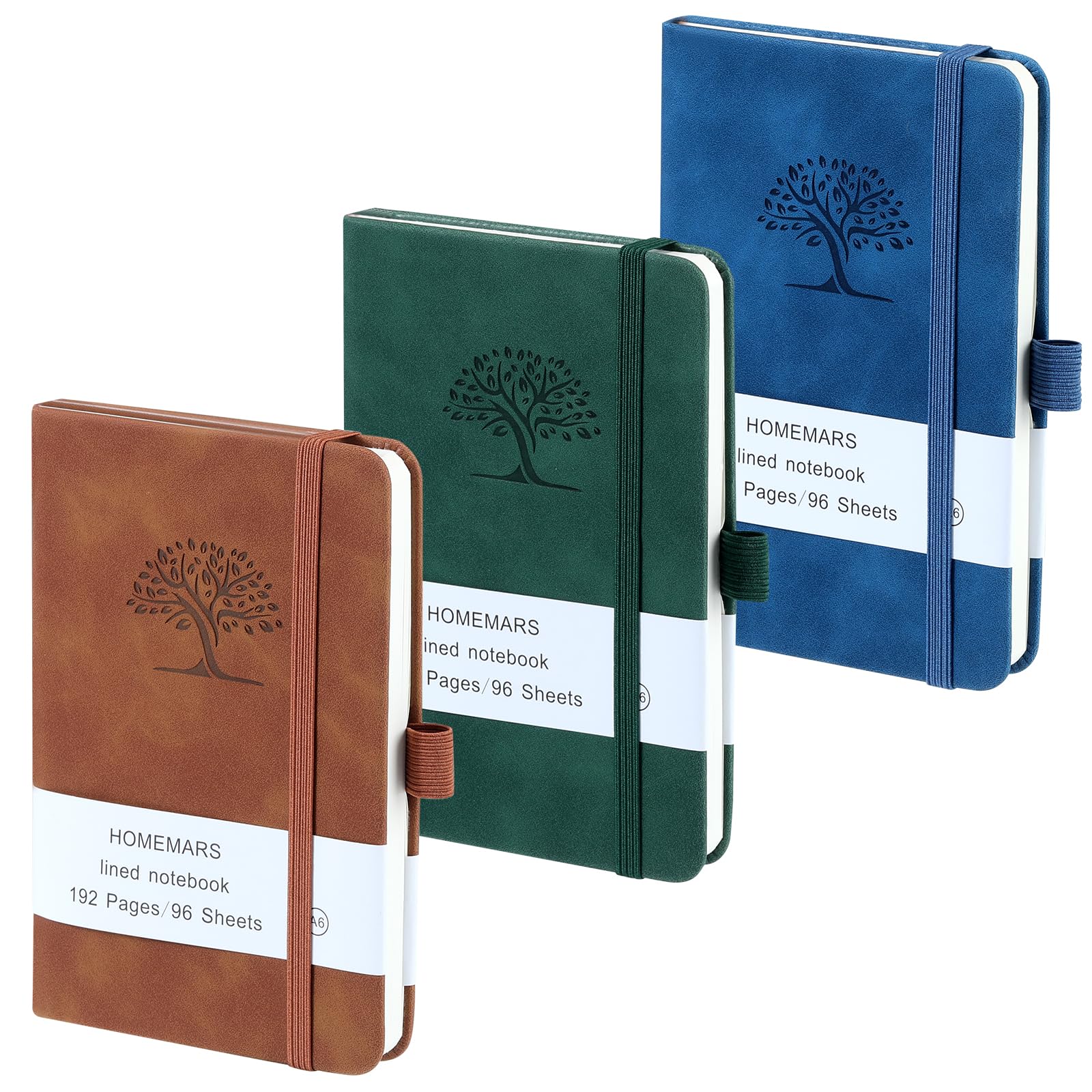HOMEMARS Pocket Notebook, Small Notebook, 3 Pack, Pocket Notepad,14.4 cm x 9.6cm, A6 Notebook, Small Notepad, Brown, Green, Blue, 192 Pages Each, Hardcover, Embossing Tree Design, Lined Paper