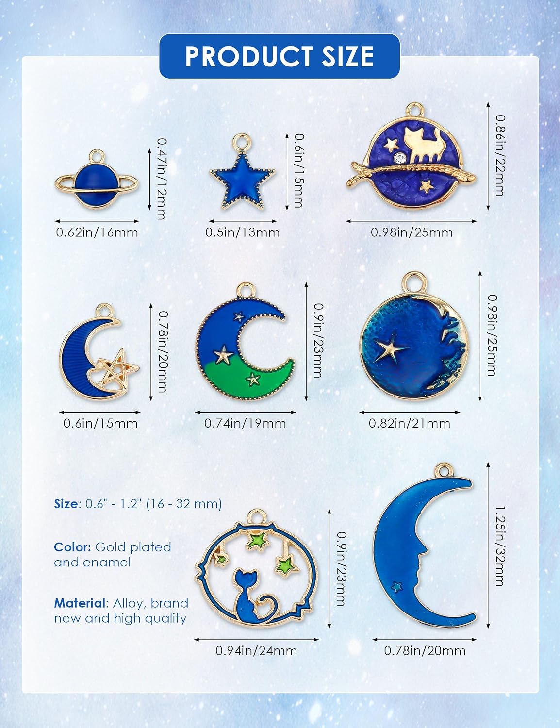 JIALEEY Assorted Gold Plated Enamel Cat Moon Star Celestial Charm Pendant DIY for Earrings Necklace Bracelet Jewelry Making and Crafting