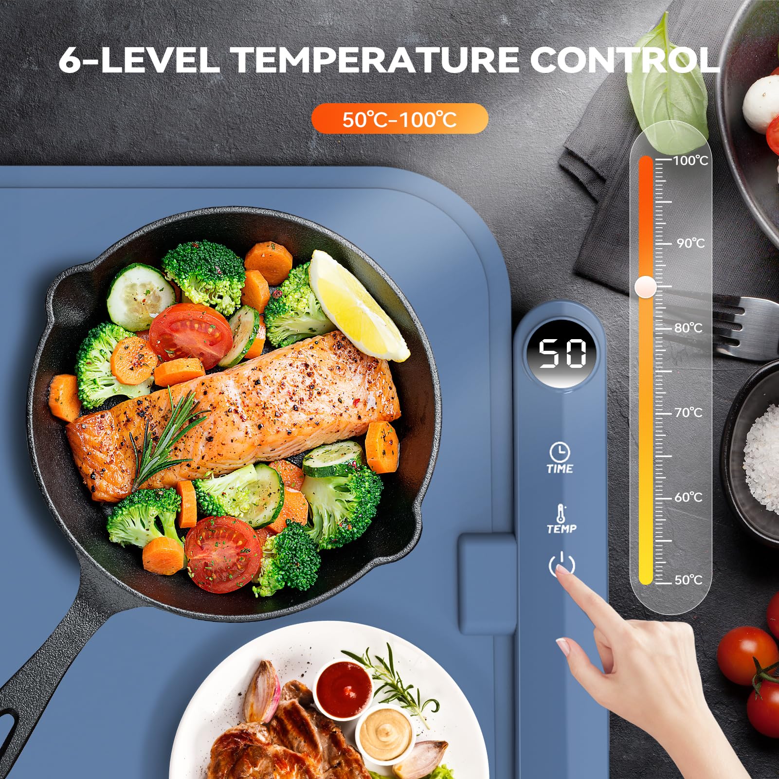 Warmhalteplatte Elektrisch mit Graphen Heizung 6-stufige Temperaturregelung 50-100°C 6h Timer Food Warmer Mat