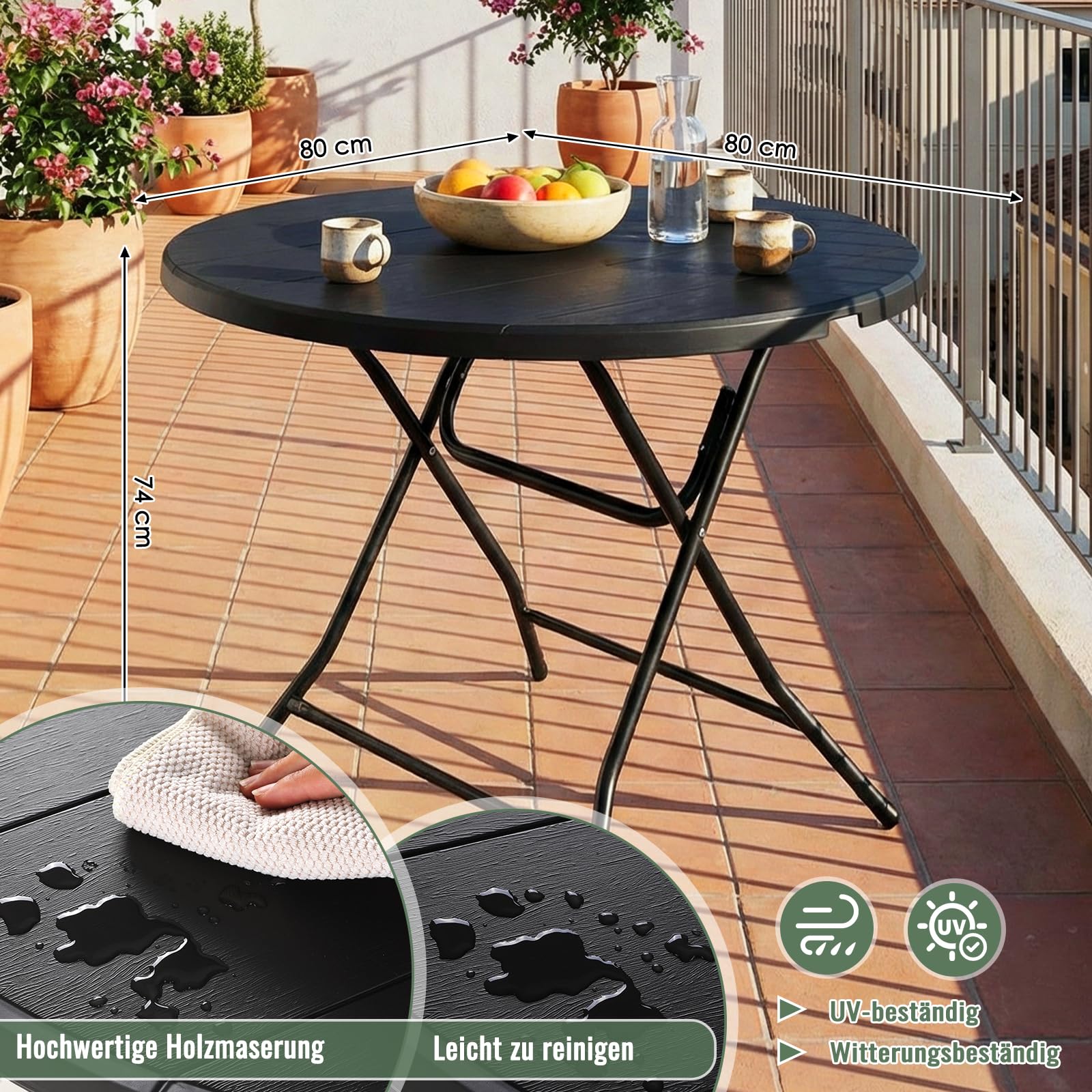 Clevich Gartentisch Klappbar, Beistelltisch Rund Holz-Optik, HxD: 74x80 cm, Balkontisch mit Stahlrahmen Beine, Hochstabiler Campingtisch, Wetterfest, Pflegeleicht, für Balkon, Garten & Terrasse