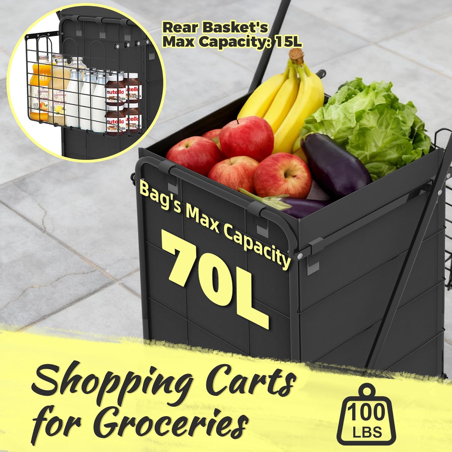 JIALIJIU Folding Grocery Cart on Wheels - Waterproof Bag Included, 10-min Assembly Utility Wagon, Lightweight Shopping Cart with 360° Swivel Wheels for Grocery, Apartments, Laundry, Max Load 100 lbs