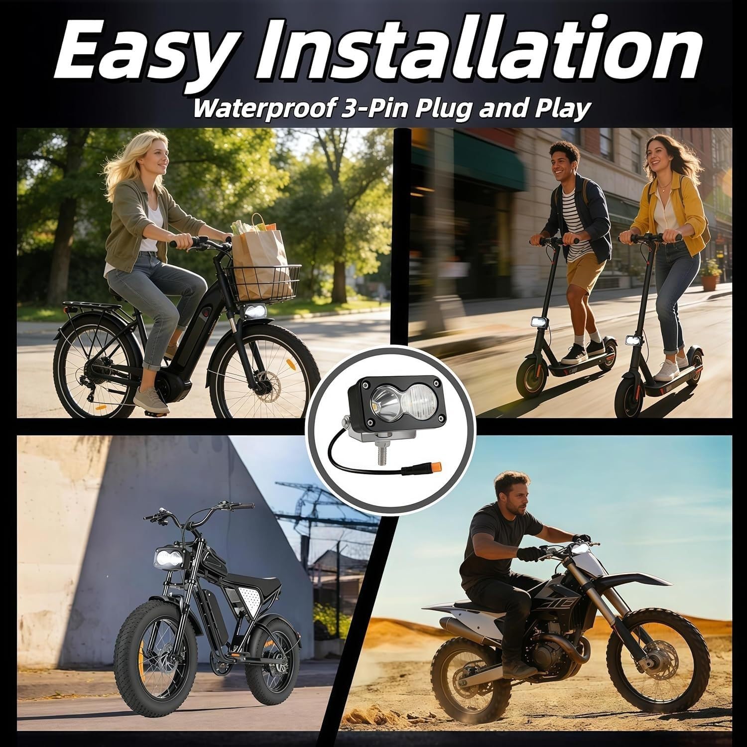 Phare de vélo électrique de style Baja for Ridstar Q20,luminosité 6800 K, tension large de 10 V à 80 V, 30 W tout en aluminium tout-terrain(White light (extension cord))