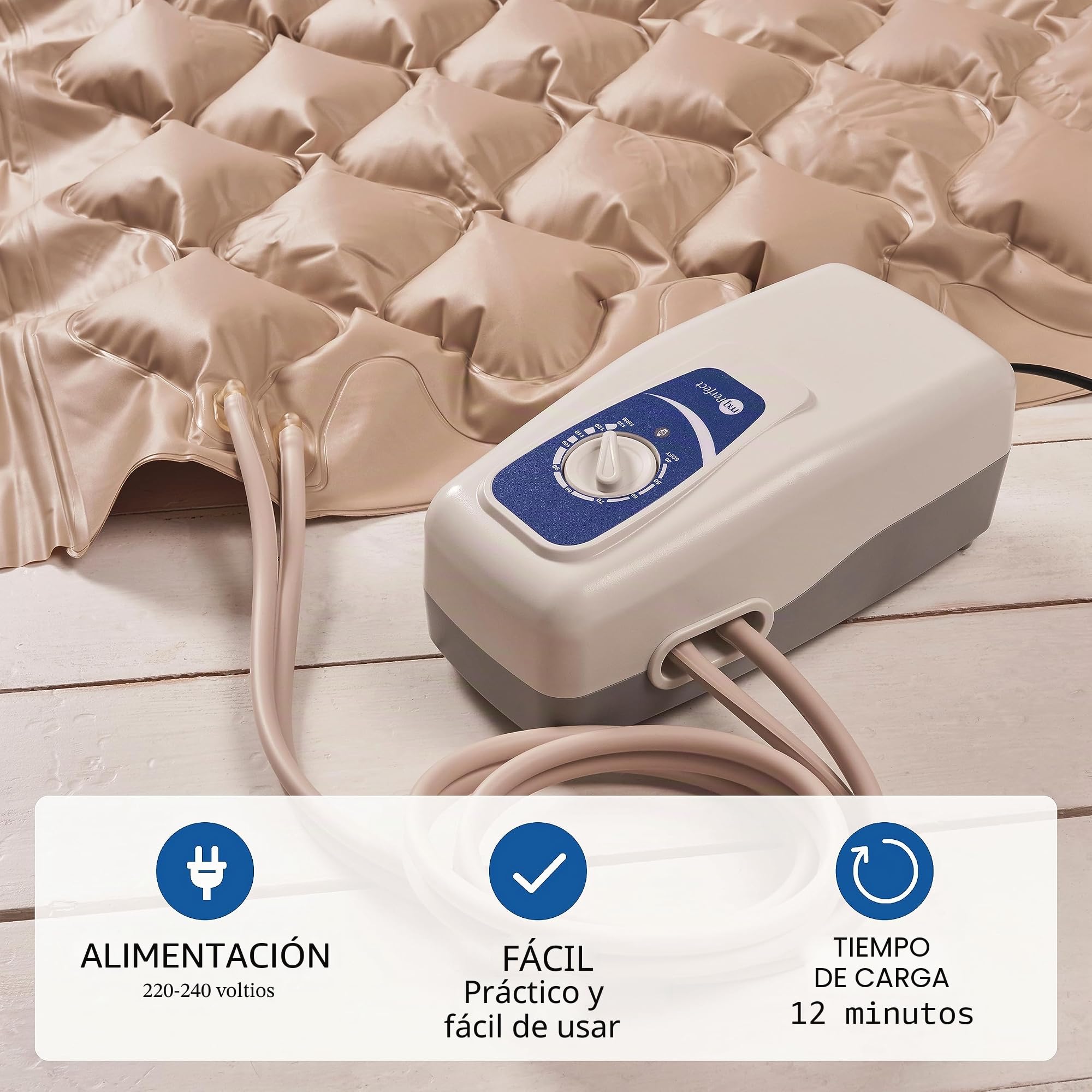 SANICO Colchón Antiescaras Kit - Inflable con compresor de Aire motorizado - Colchón Texturizado para el Cuidado de la Piel y para aliviar Las úlceras de decúbito - 135 kg de Capacidad