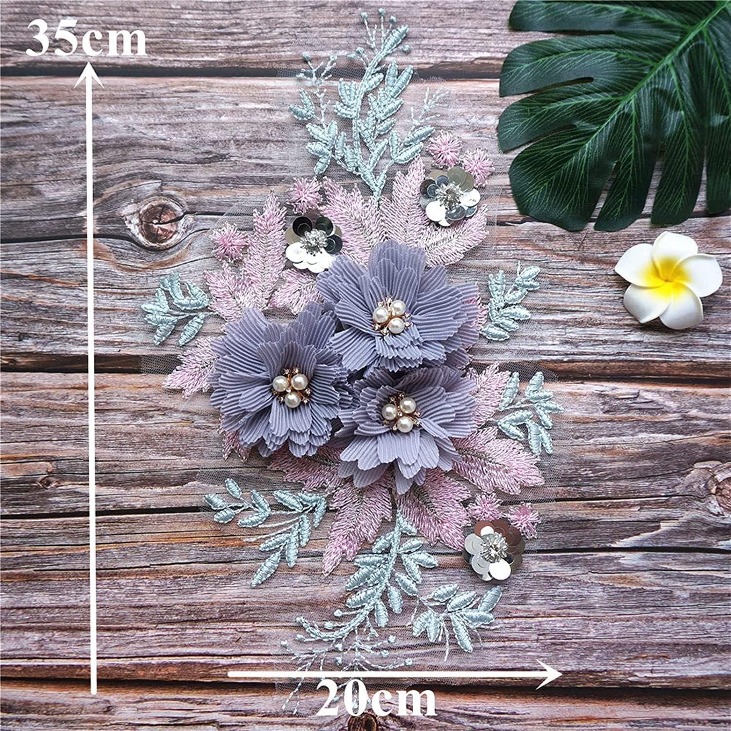 aplikacja koronkowa 3D kwiaty koraliki tkanina z koronką i kryształkami haftowane aplikacje na suknię ślubną naszywka na sukienkę DIY dekoracje(Purple)