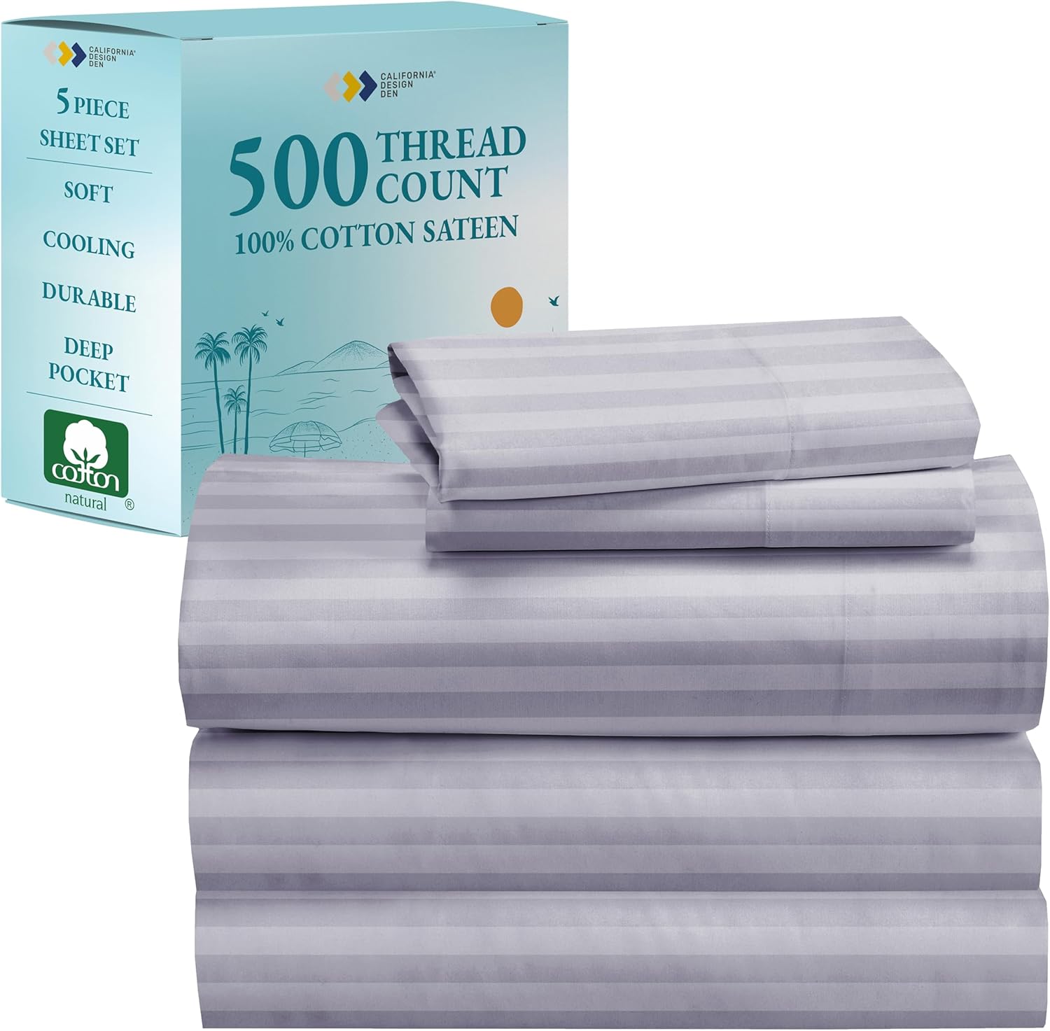 Luxury Split King Adjustable Bedsheets, Soft 100% Cotton, 500 Thread Count Sateen, Snug Fit, Set With Twin-XL Fitted Sheets, Cooling Sheets For Bed In Damask Stripe (Split King, Stripe - Lavender)