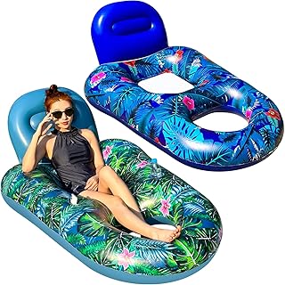 FindUWill Large Pool Lounger Floats - 2Pack 65'' X 42'' Oversized Pool Lounger for Adults, Inflatable Pool Floaties with Cup Holder, Backrest, Footrest, Ultra-Comfort Pool Lounge (XL, Blue/Green)