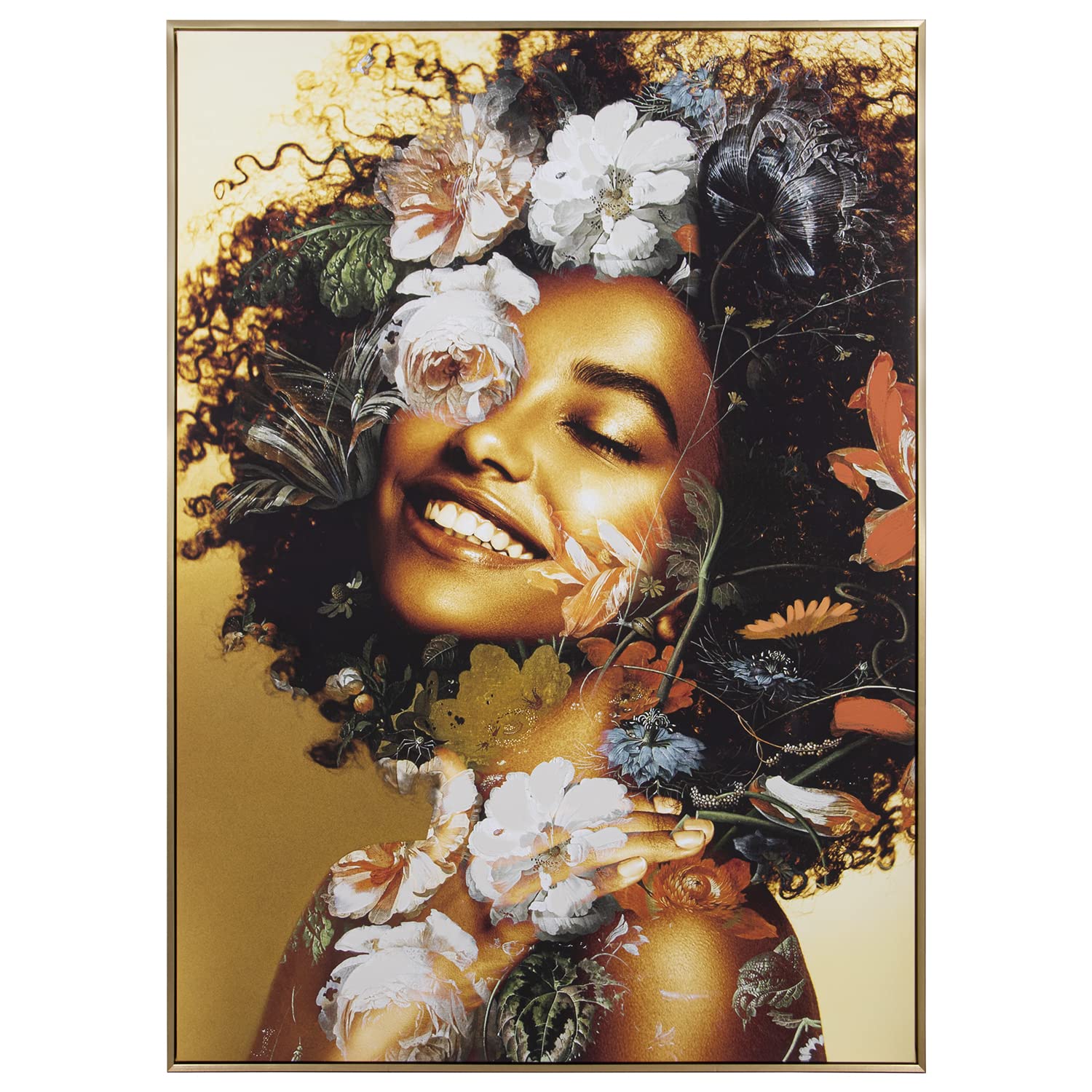 Tableau toile femme et fleurs 100x140 cm avec son grand cadre doré chic