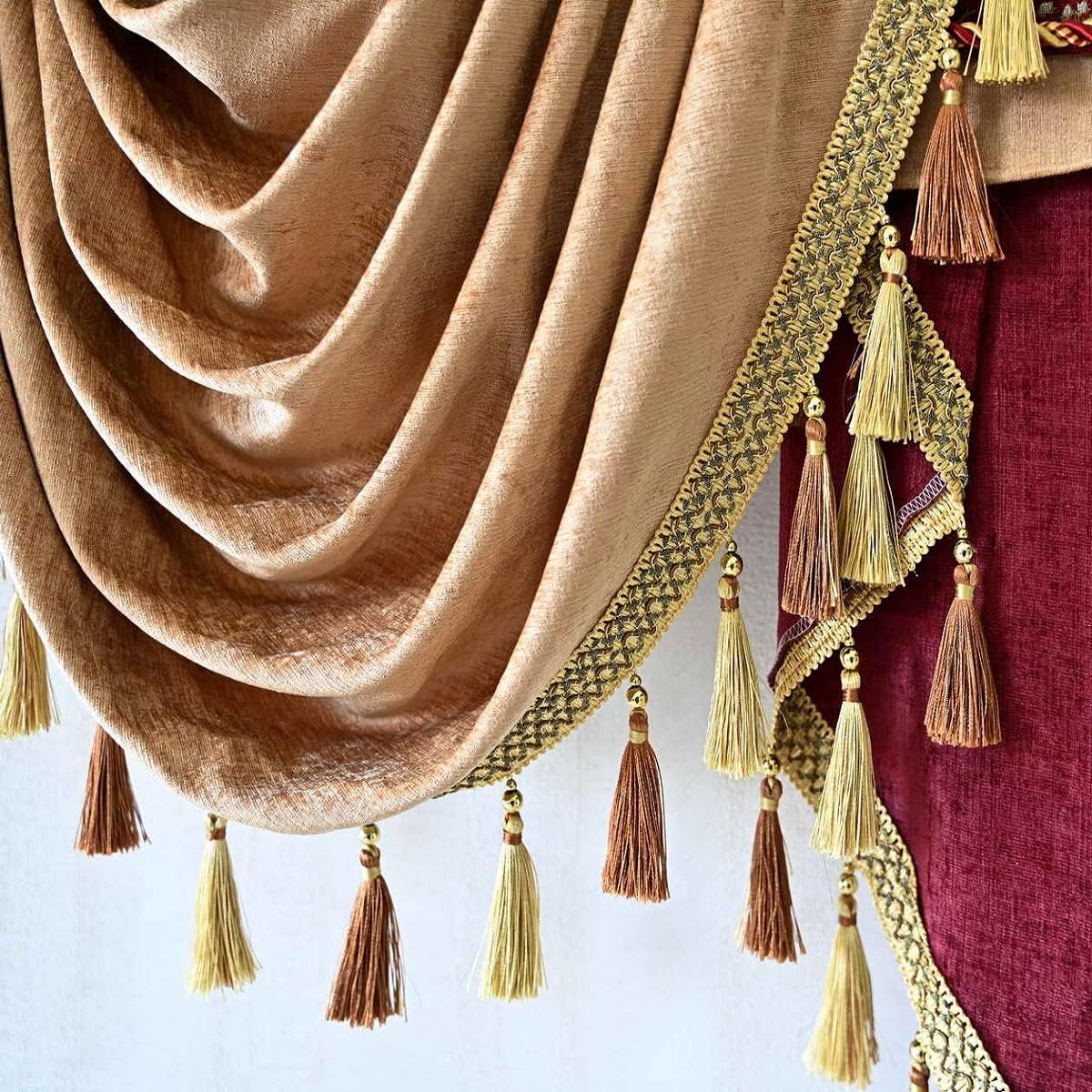 Luxury Brown Burgundy Floral Waterfall Swag Valance with Tassels for Living Room Bedroom Windows European Design Rod Pocket Top (200 cm, 1 Panel)