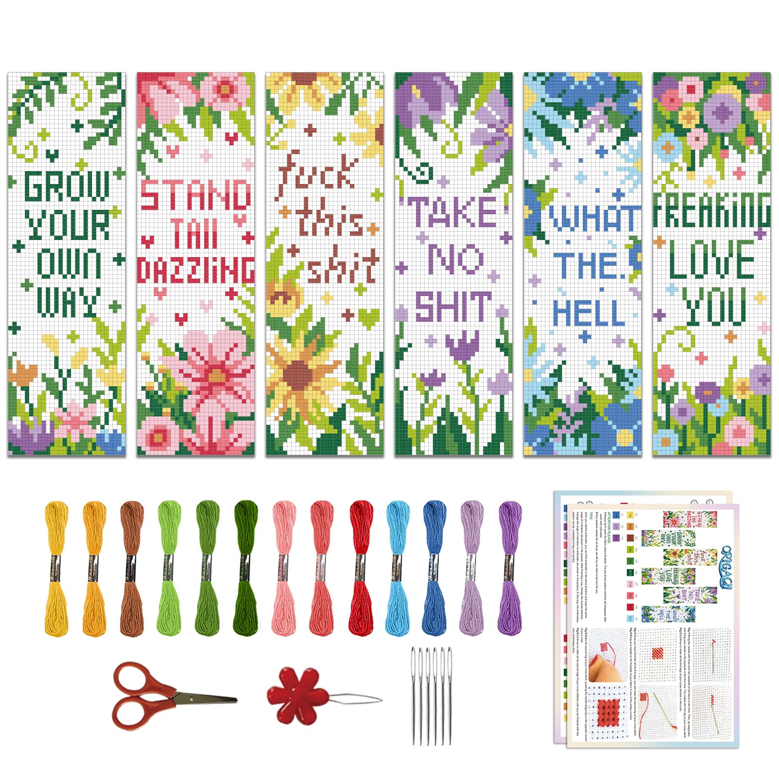ORIGACH 6 Pcs Cross Stitch Bookmark Kit for Beginner Flowers Sayings DIY Stamped Embroidery Bookmark Kit for Starter Printed Cross Stitch Kits with Instruction for Book Lovers 20x6cm โ image 1