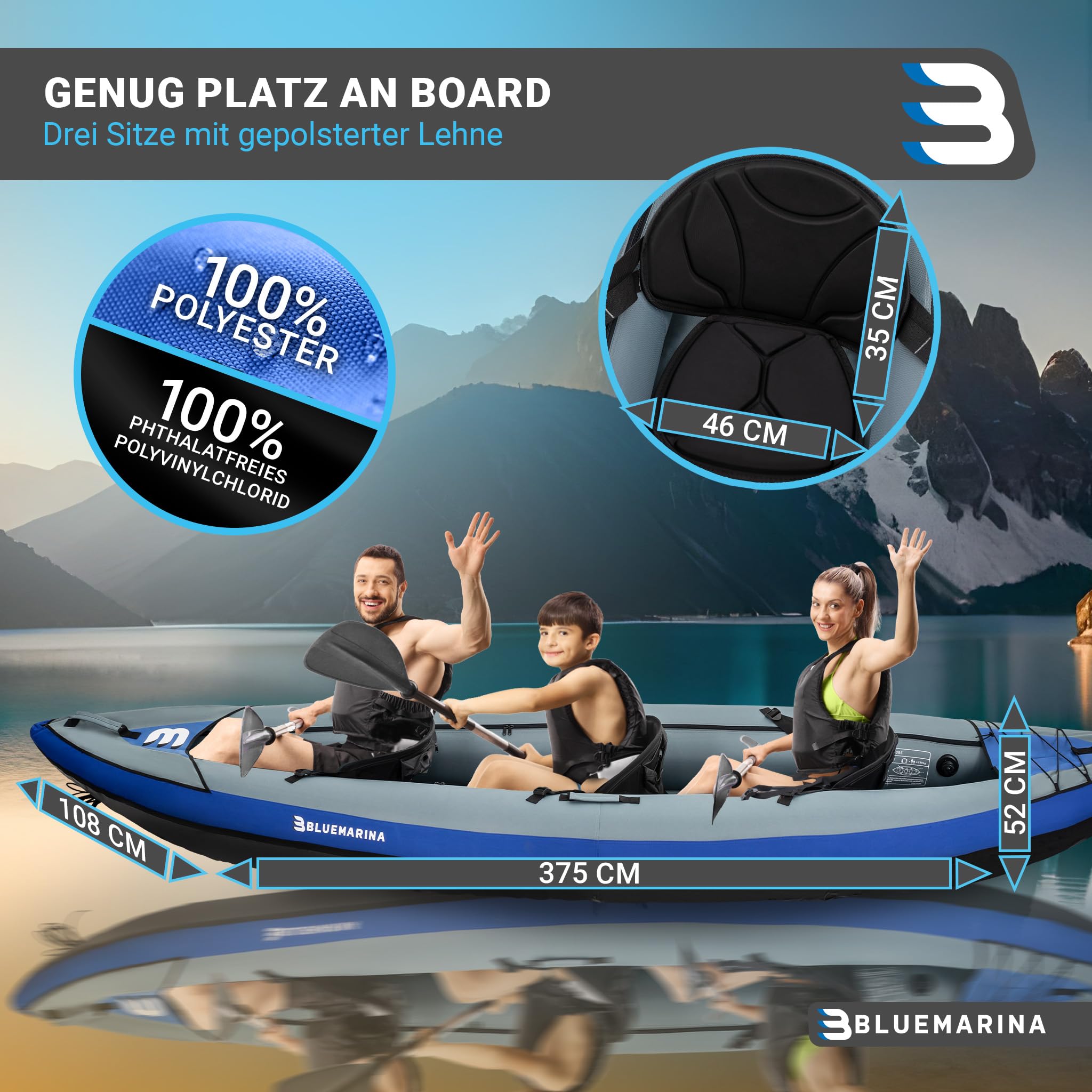 Bluemarina Kajak aufblasbar Samoa | Kanu für 1 oder 3 Personen - Luftkajak mit Paddel - Pumpe - Tasche - Aufblasbares Paddelboot - Kajaks Zubehör - Schlauchboot - Angelkajak - Wasserboot