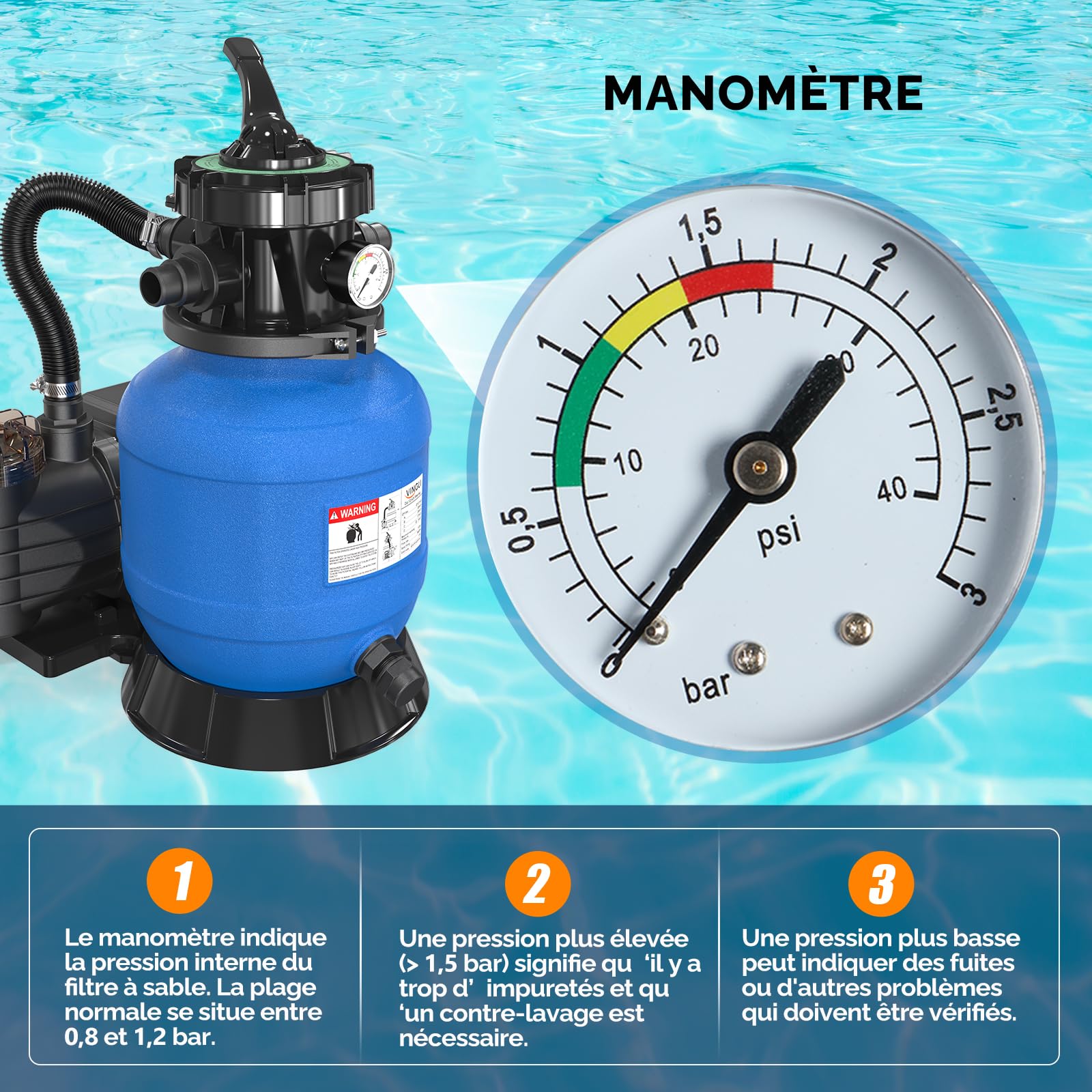 LEADZM Pompe Piscine Filtre à Sable 10 m³/h + 500g Boules de Filtre, Filtre a Sable Piscine avec Vanne 7 Voies, Pour Bassins jusqu’à 37 m³ (Bleu)