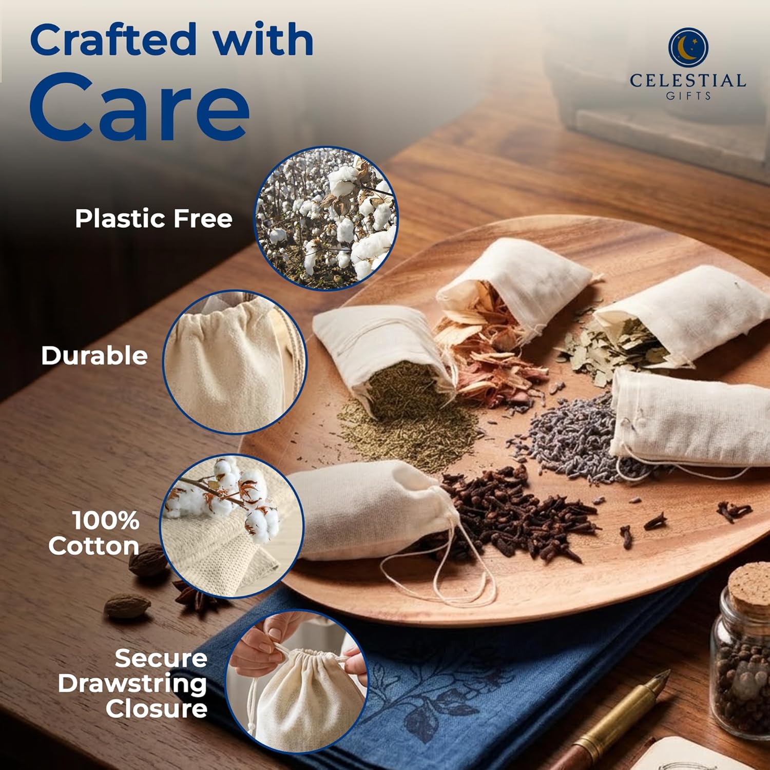 Cotton Muslin Bags 100 Count (2.75 x 3.75 inches) Natural Drawstring, made with 100% cotton in the USA by Celestial Gifts