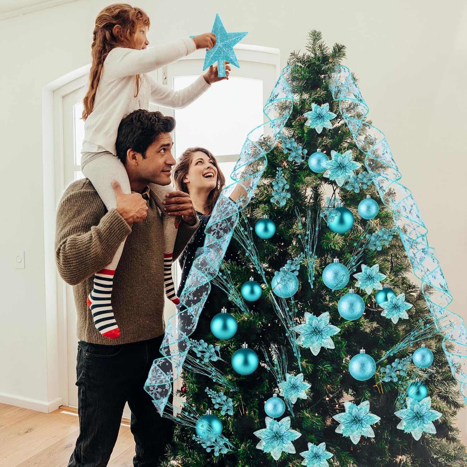 Realspring 72 Pieces Christmas Tree Ornament Set Xmas Assorted Decorations Bulk Glitter Poinsettia Berry Picks Topper Star Sequin Tree Skirts for Home Wreaths Holiday Party Favors (Turquoise)