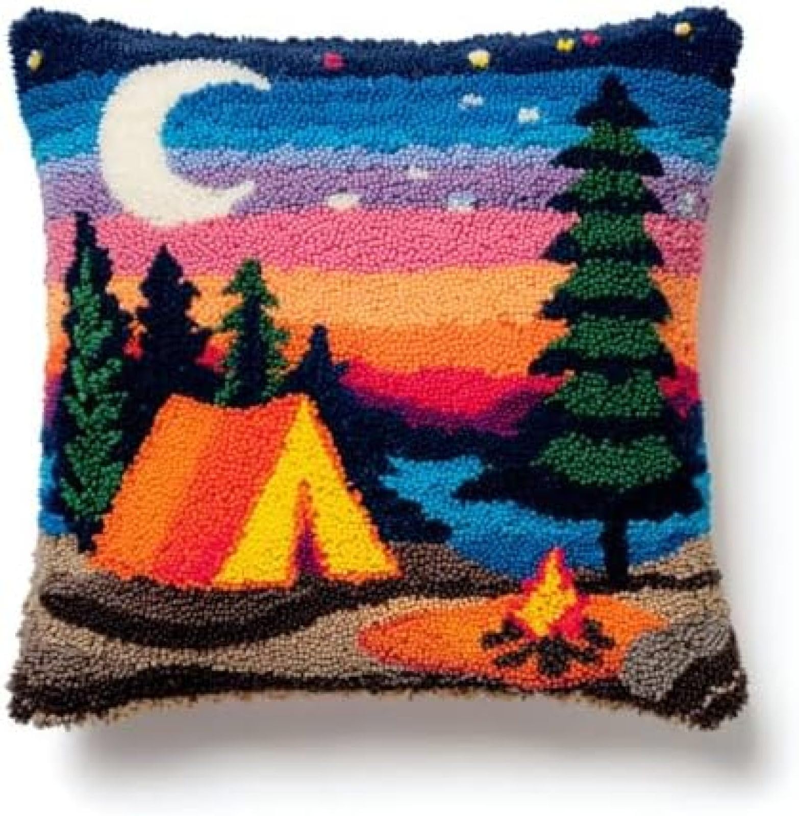 kitphoenix Cushion Cover Latch Hook Kit for Adults Beginners,Camping in Yellowstone,DIY Crochet Embroidery Craft Set with Yarn,Hook and Printed Canvas,43x43 cm
