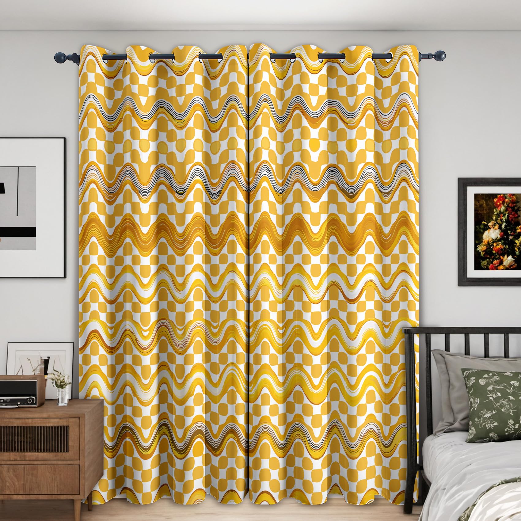 Generisch Vintage 70er Jahre Vorhänge Blickdicht mit Ösen, Fenster Thermo Gardinen Streifen Abstrakt Muster Schlafzimmer Wohnzimmer Deko, Verdunkelungsvorhänge 2er Set H160 x B140 E&1840